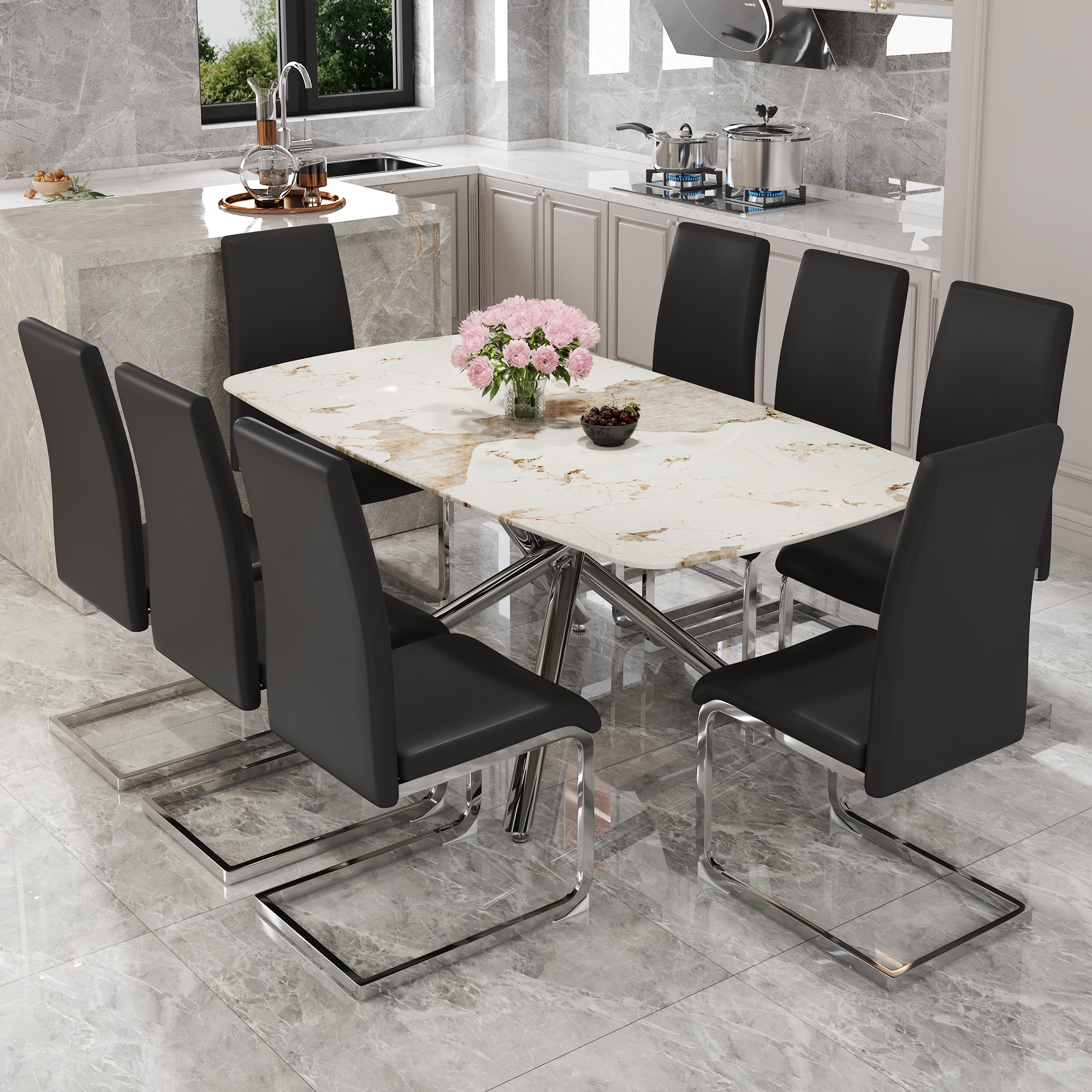 Table And Chair Set, Large Modern Minimalist Rectangular Dining Table, 0.39 "Imitation Marble Tabletop And Silver Metal Legs, Soft Leather Seats. F 1537 Silver Glass Metal