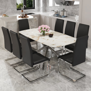 Table And Chair Set, Large Modern Minimalist Rectangular Dining Table, 0.39 "Imitation Marble Tabletop And Silver Metal Legs, Soft Leather Seats. F 1537 Silver Glass Metal