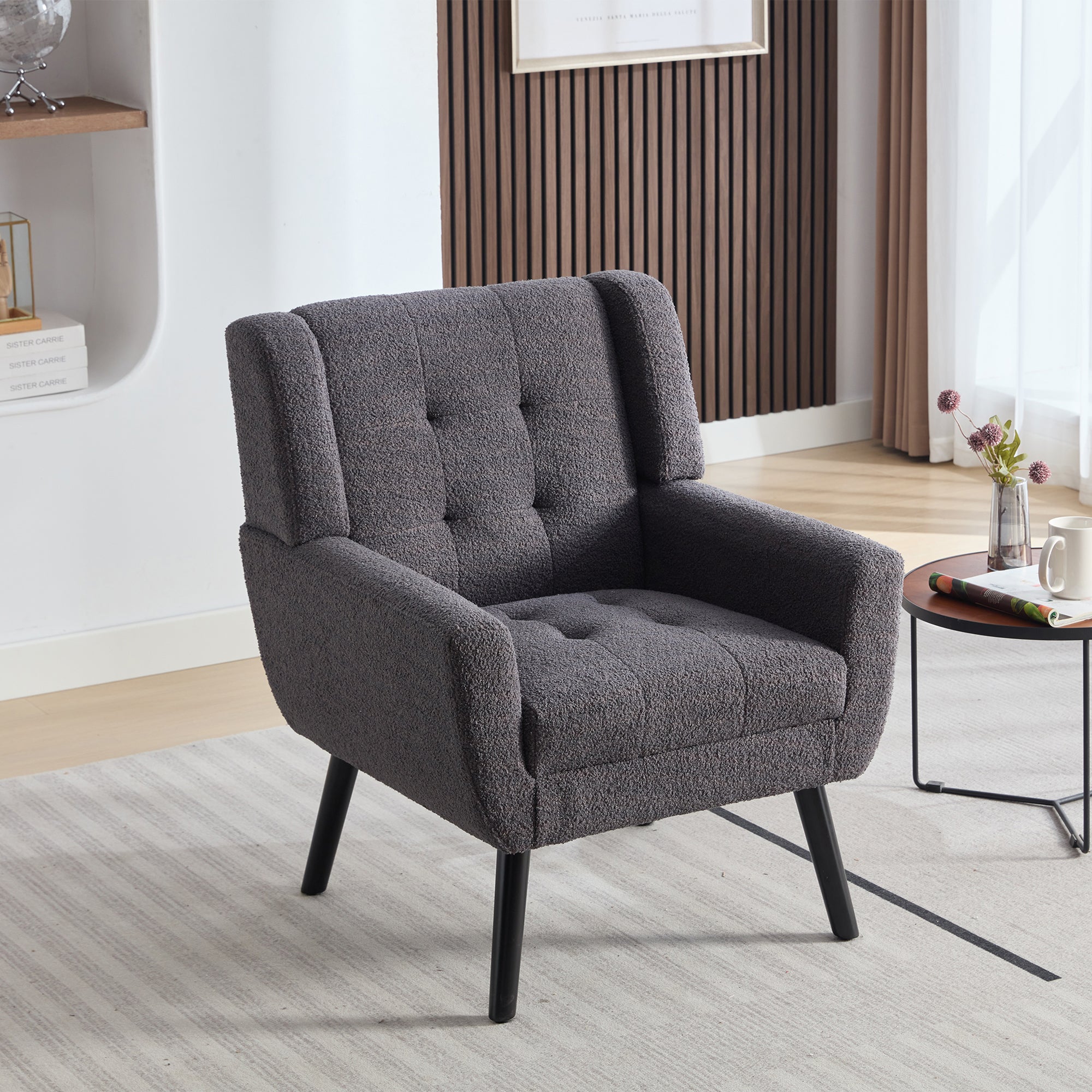 Modern Soft Teddy Material Ergonomics Accent Chair Living Room Chair Bedroom Chair Home Chair With Black Legs For Indoor Home Grey Teddy Fabric Grey Foam Upholstered