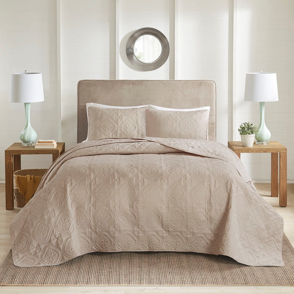 3 Piece Reversible Bedspread Set Khaki Full Queen Queen Khaki Microfiber