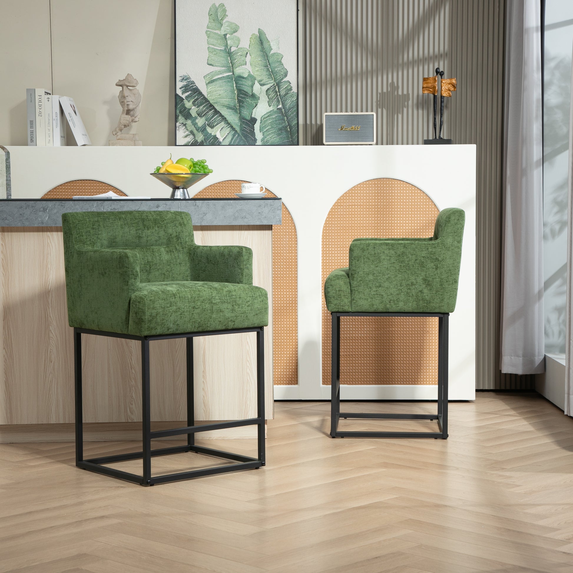 Coolmore Counter Height Bar Stools Set Of 2, Modern Barrel Bar Stool With Backrest And Arms, Black Metal Frames, Upholstered Bar Stools For Kitchen Island, Pub, Club Green Foam Chenille