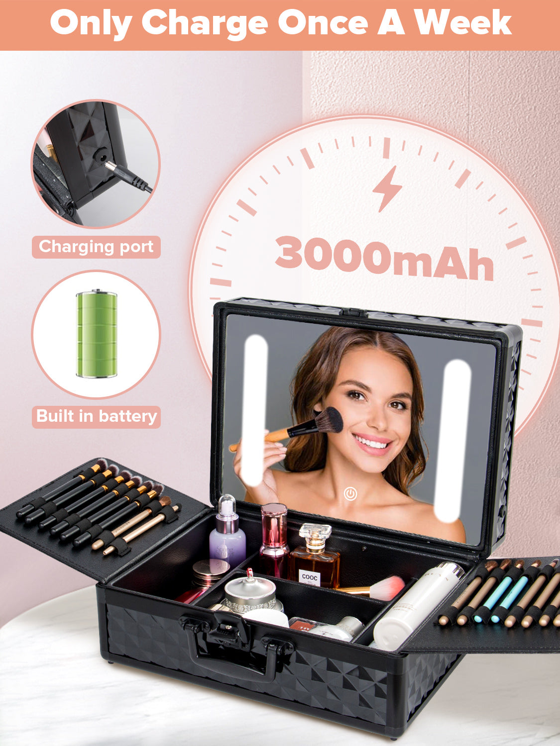 Portable Makeup Case With Led Mirror Travel Makeup Bag Cosmetic Organizer Box With Locks, Brush Holder, Dividers, Rechargeable, Black Black Aluminium Alloy