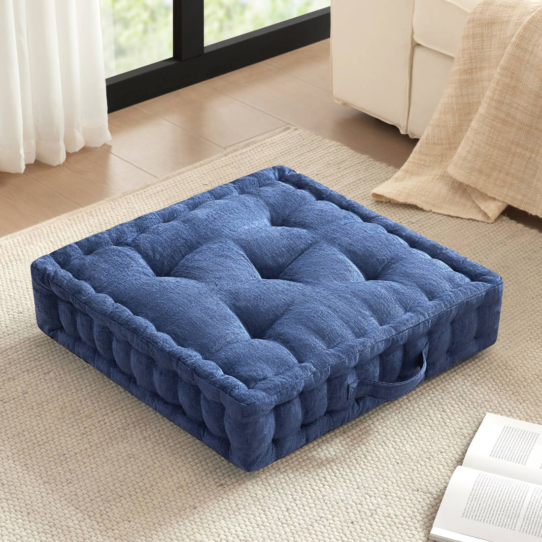 Poly Chenille Square Floor Pillow Cushion 24X24" Navy Blue Polyester