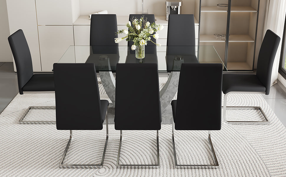 Table And Chair Set, Large Modern Rectangular Glass Table, Can Accommodate 6 8 People, Equipped With A 0.39 Inch Tempered Glass Tabletop And Large Mdf Table Legs, Comfortable And Soft Chairs. Transparent Mdf Glass