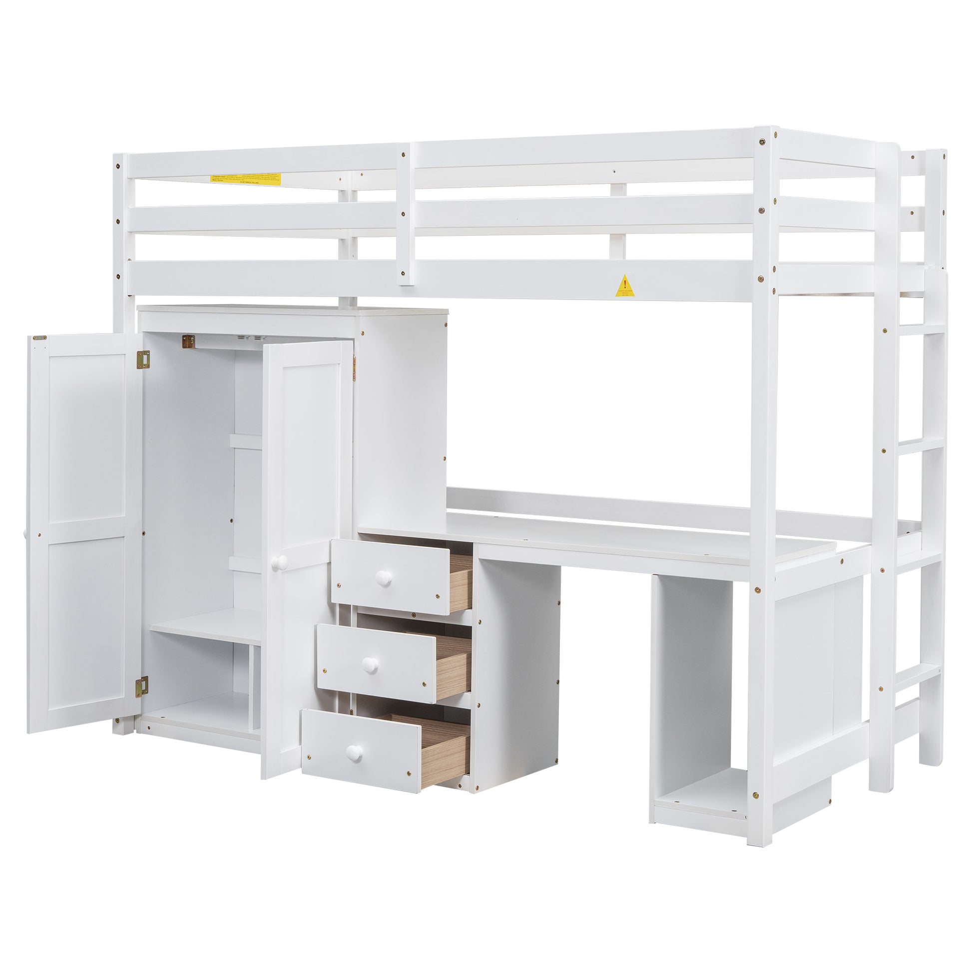 Twin Size Loft Bed With Wardrobe, Desk And Storage Drawers, White Twin White Pine