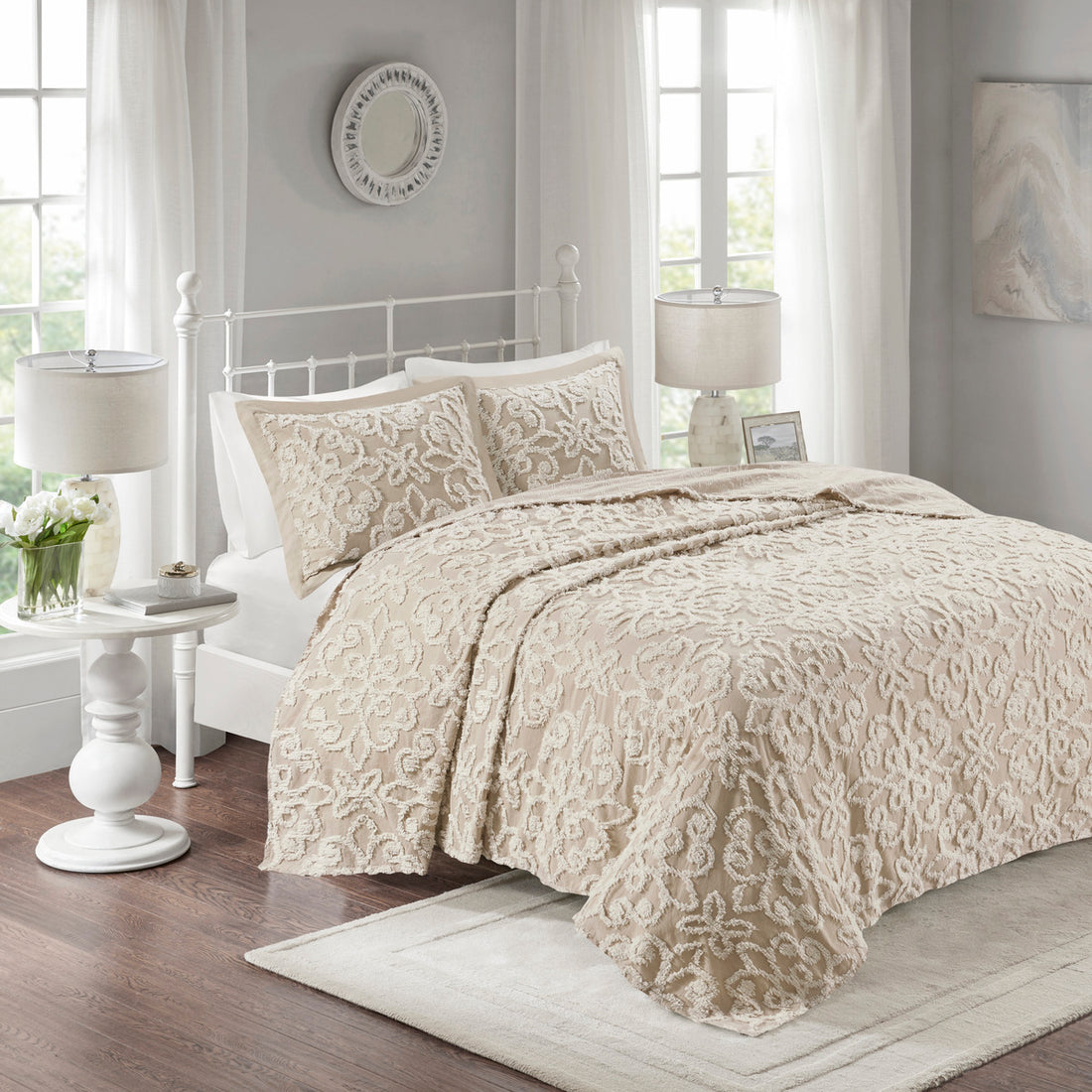 3 Piece Tufted Cotton Bedspread Set Taupe Full Queen Taupe Cotton