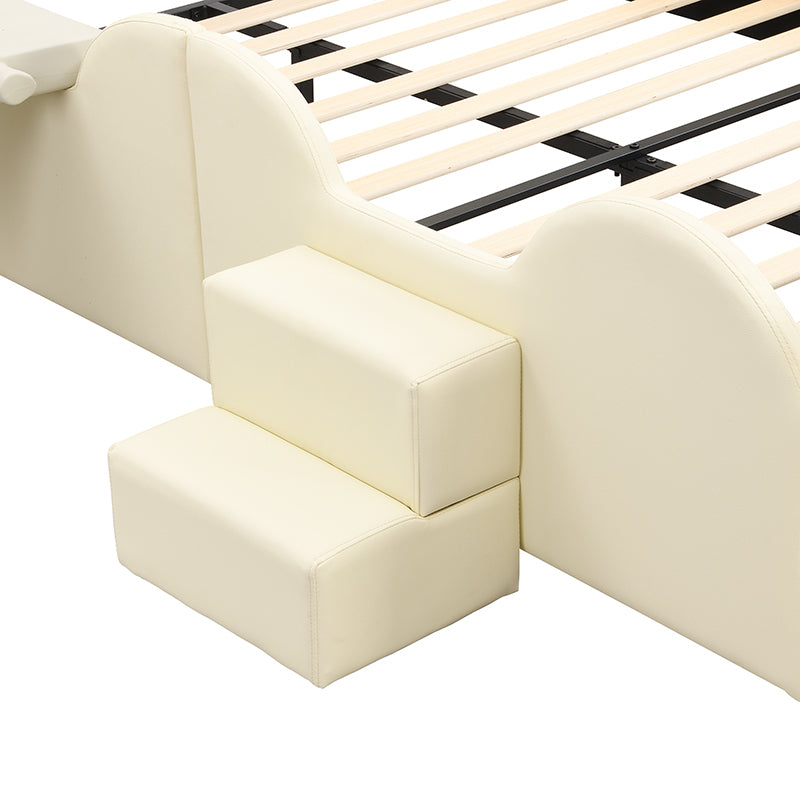 Full Size Upholstered Platform Bed With Piglet Shape Headboard And Children'S Slide, Beige Box Spring Not Required Full Beige Wood Bedroom Bed Frame Faux Leather Upholstered