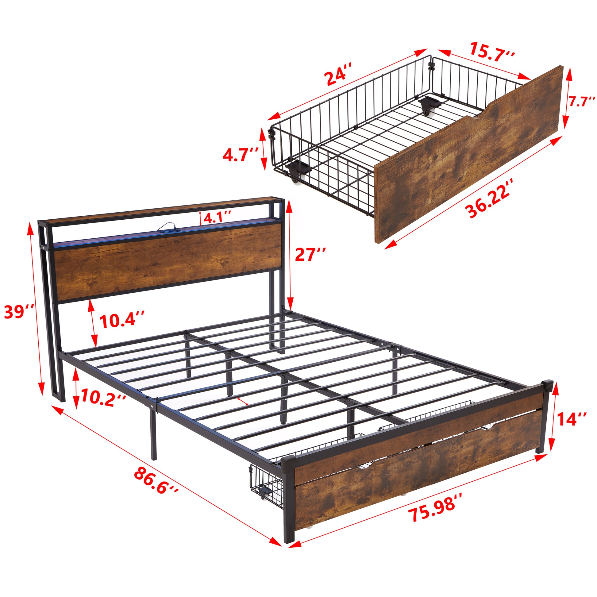 King Size Metal Platform Bed Frame With Wooden Headboard And Footboard With Usb,Charging Station,2 Drawers,Led Lights, No Box Spring Needed, Easy Assemble King Brown Black Mdf Metal