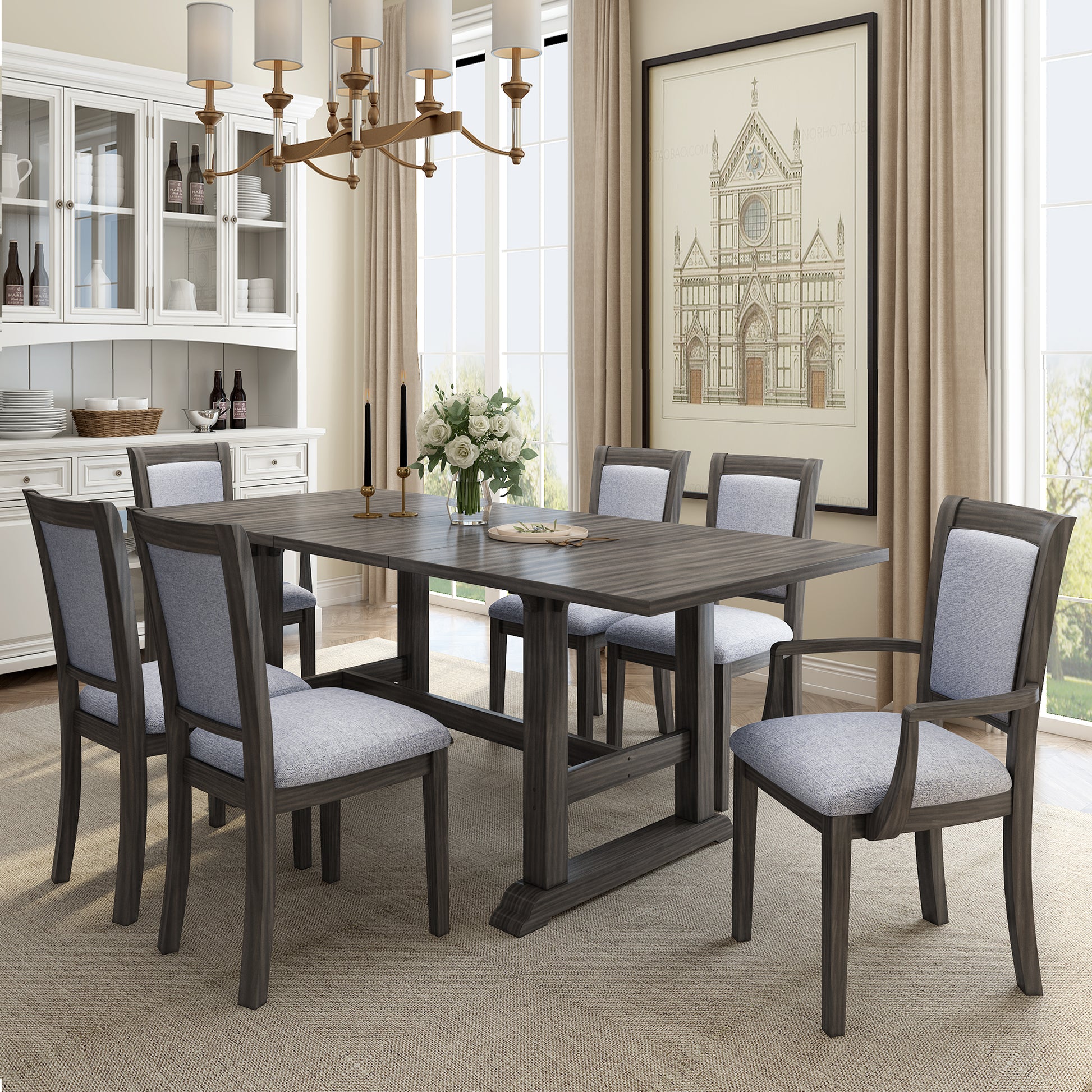 7 Piece Updated 76.9Inch Extendable Trestle Dining Table Set With Removable Leaf, Kitchen Table Set With Upholstered Side Chair And Arm Chair, Set Of 6, Grey Brown Wood Dining Room Solid Wood Rubberwood Rectangular Dining Table With Chair Upholstered