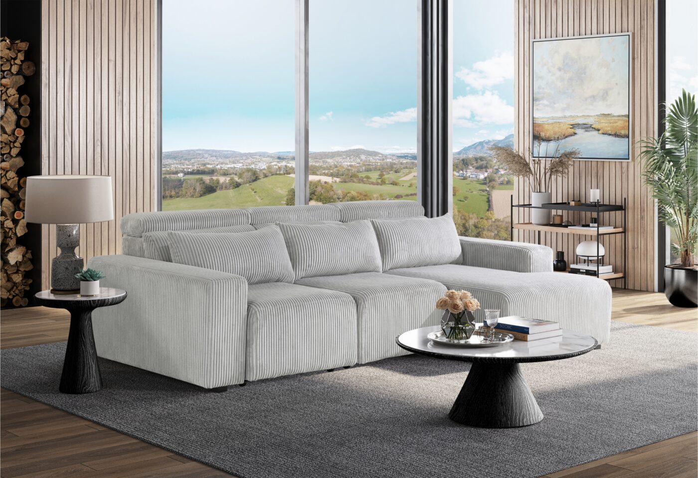 Seltos Grey Power Sectional Gray Fabric 5 Seat
