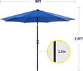9Ft Outdoor Patio Umbrella With 8 Ribs, Table Umbrellas With Push Button Tilt Crank, Uv Protection Waterproof For Garden Deck Backyard Pool, Blue Blue Stainless Steel