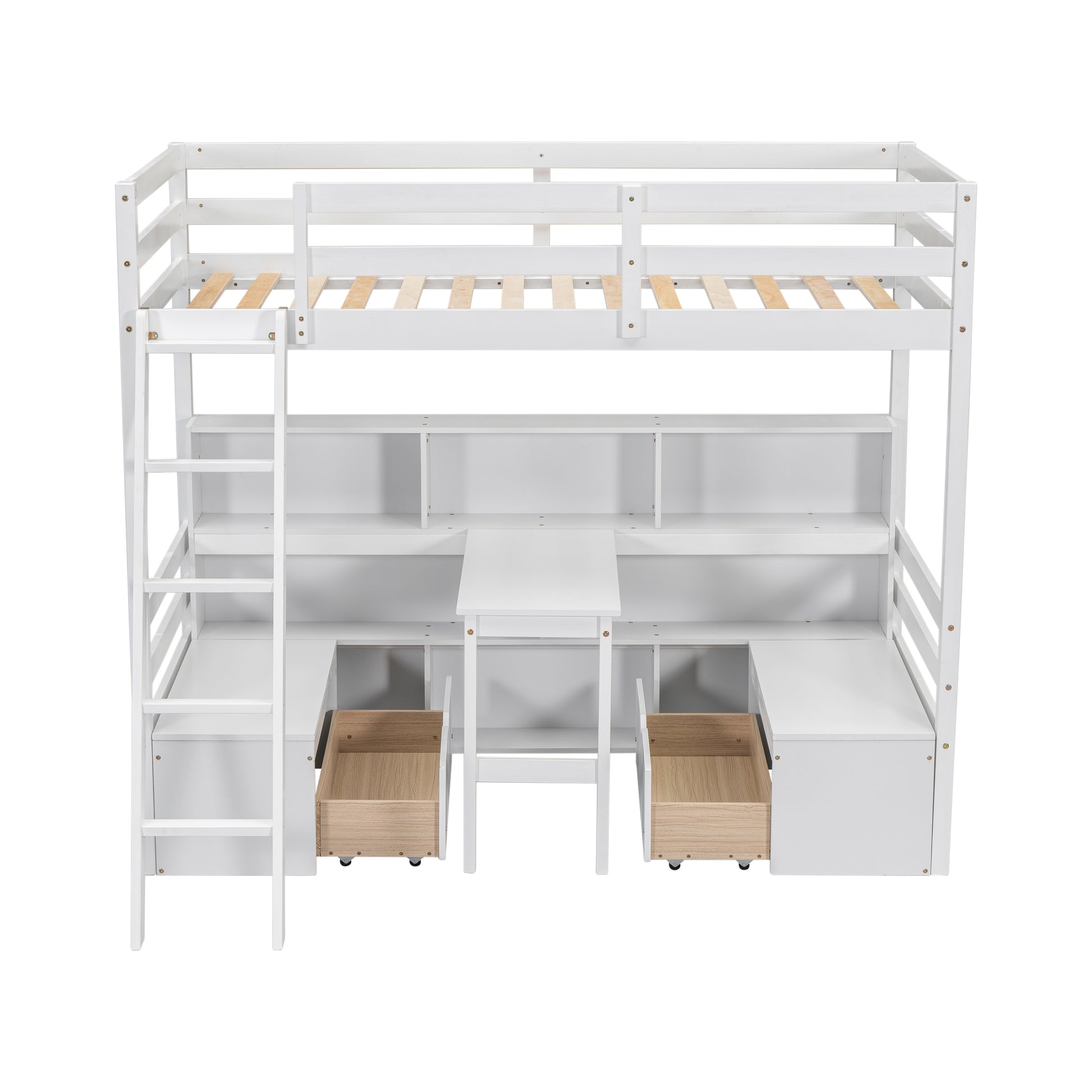 Twin Loft Bed With Storage Shelves, Drawers, Seat And Desk For White Color Box Spring Not Required Twin White Wood Bedroom Modern Storage Included Pine