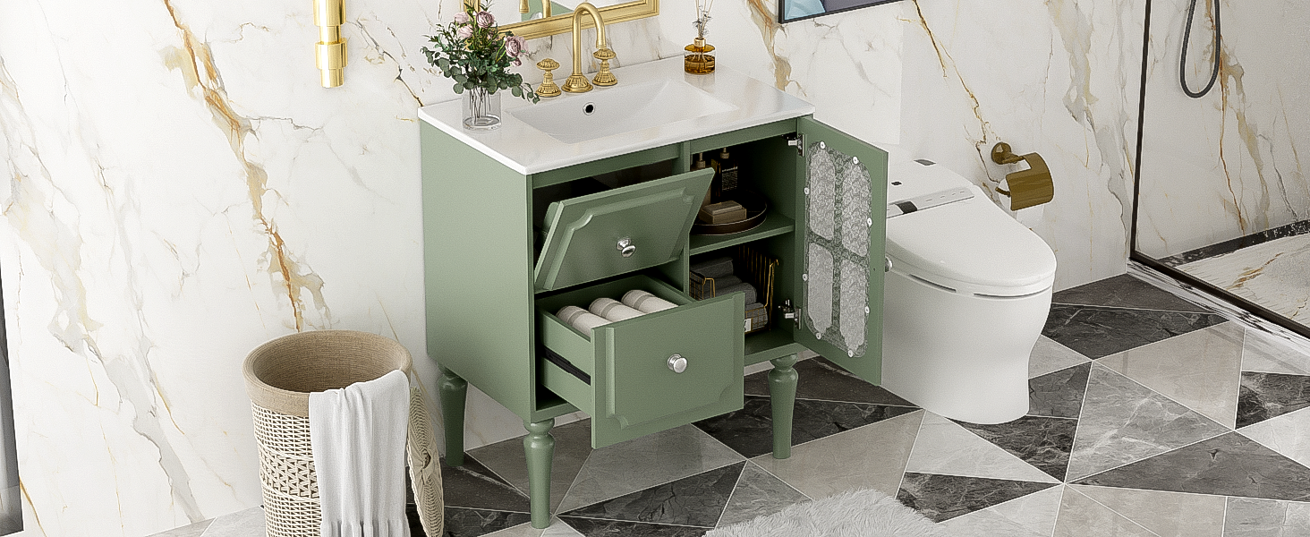 Retro Style 30'' Bathroom Vanity With Resin Sink Combo, Freestanding Single Vanity With 2 Drawers, Solid Wood Frame Bathroom Storage Cabinet, Green Green Bathroom Retro Solid Wood Mdf Resin