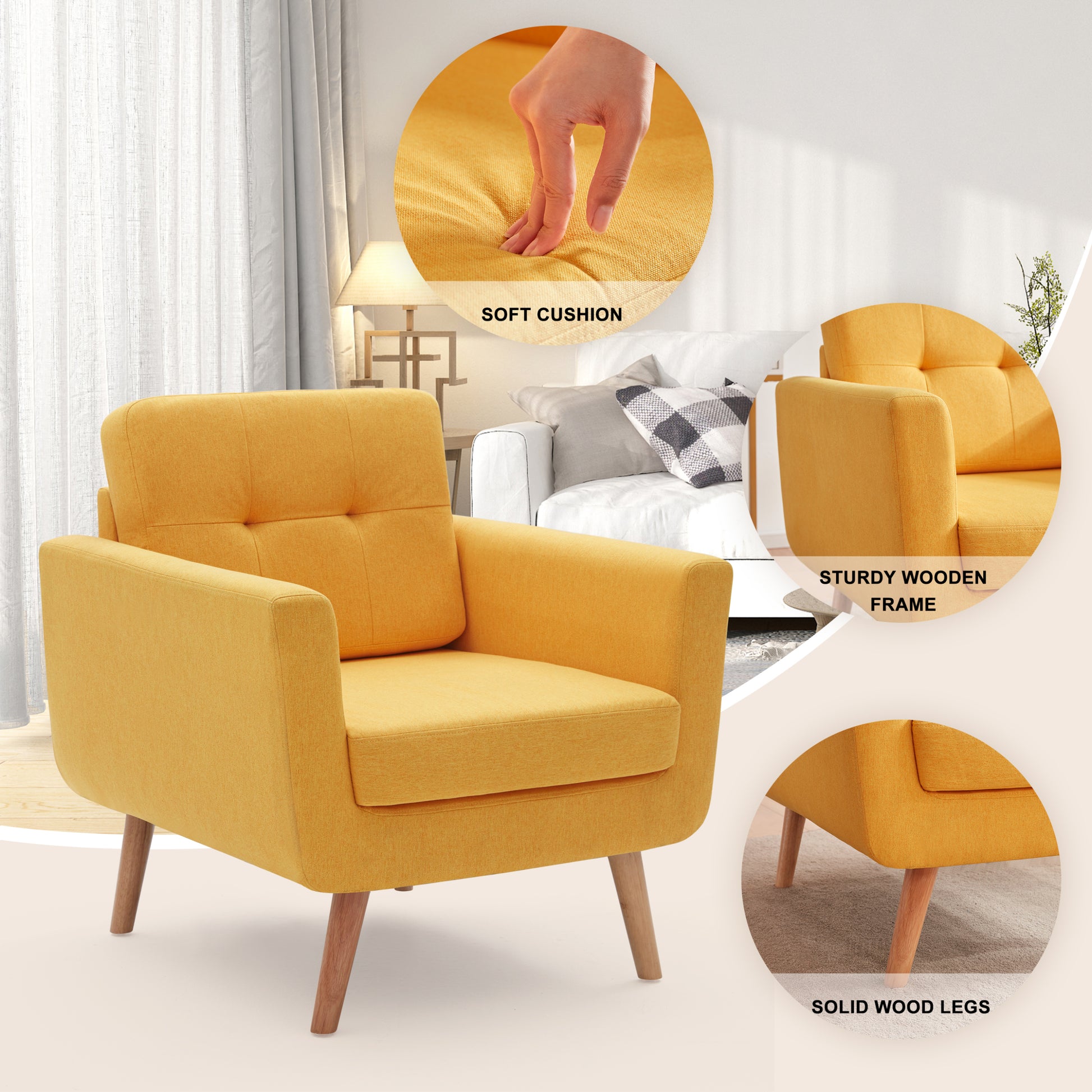 Linen Fabric Accent Chair, Mid Century Modern Armchair For Living Room, Bedroom Button Tufted Upholstered Comfy Reading Accent Chairs Sofa Yellow Yellow Solid Wood