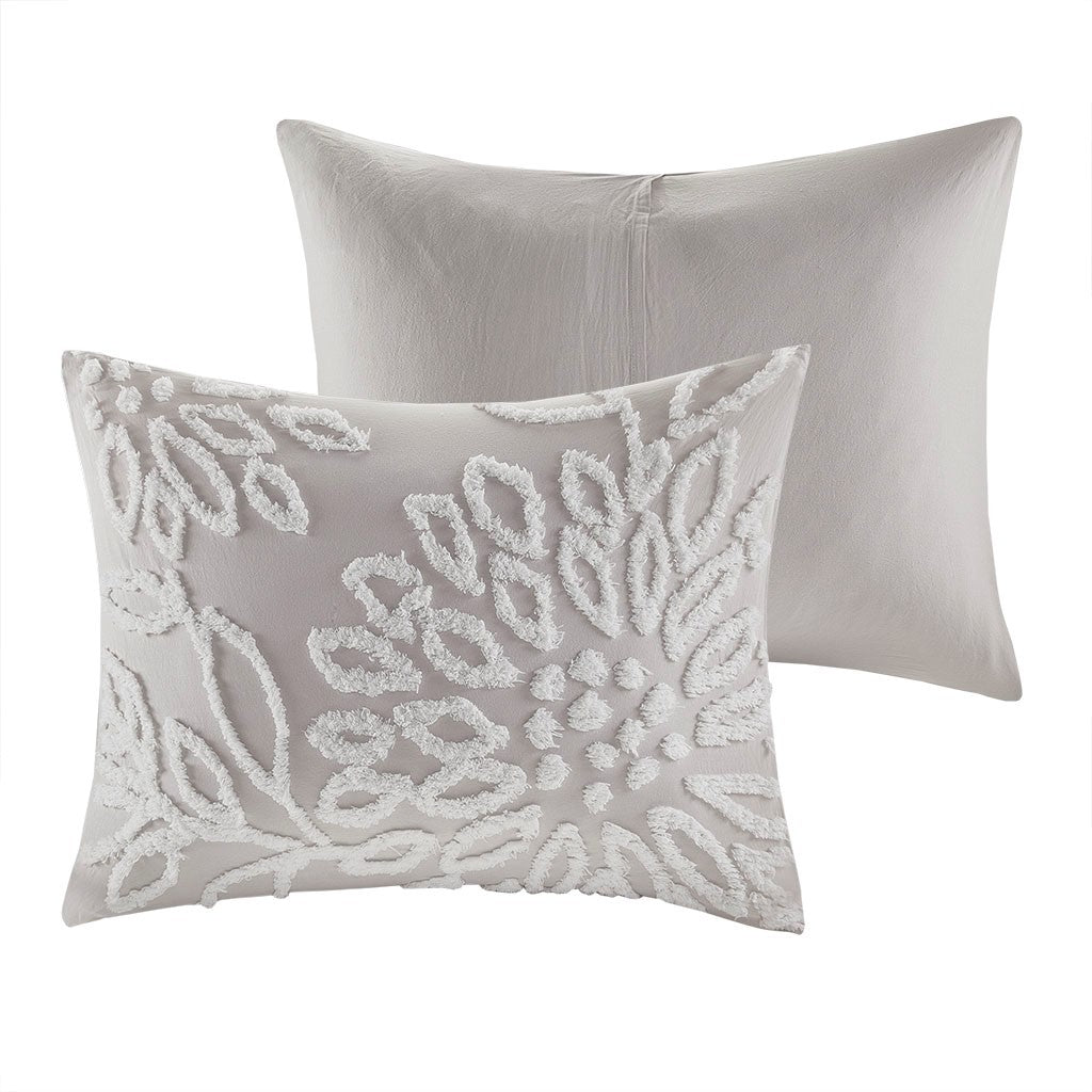 3 Piece Tufted Cotton Chenille Floral Duvet Cover Set King Grey Cotton