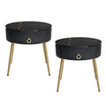 19.6'' Easy Assembly End Tables With High Gloss Faux Marble Tabletops, Set Of 2, Modern Fluted 2 Side Tables With Drawers, Round Coffee Tables With Golden Legs For Living Room, Black Black Gold Primary Living Space Drawers Round Mdf Iron