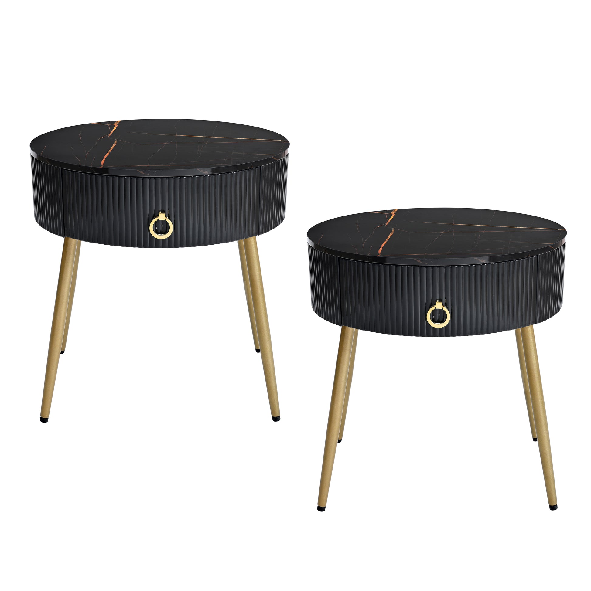 19.6'' Easy Assembly End Tables With High Gloss Faux Marble Tabletops, Set Of 2, Modern Fluted 2 Side Tables With Drawers, Round Coffee Tables With Golden Legs For Living Room, Black Black Gold Primary Living Space Drawers Round Mdf Iron