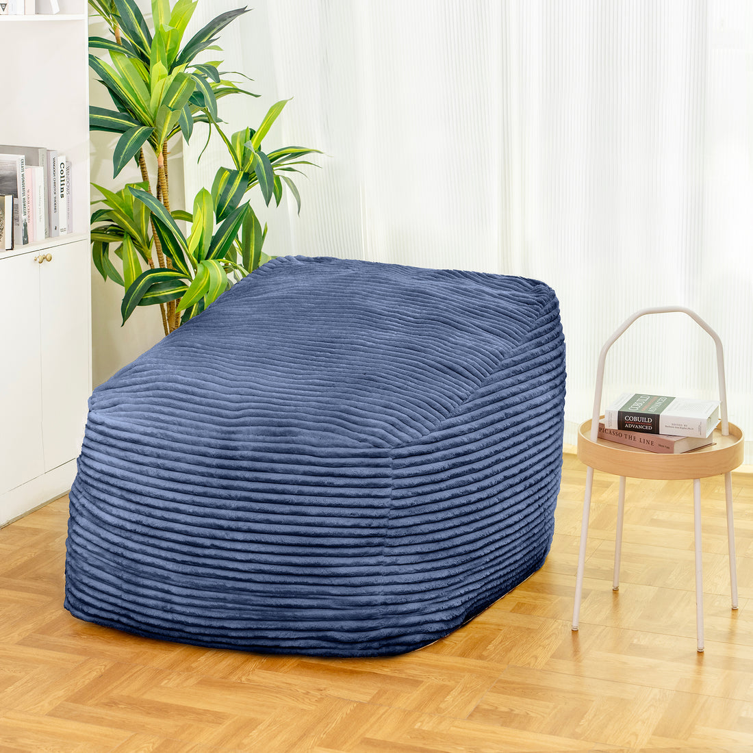 Faux Fur Classic Bean Bag Blue Primary Living Space Soft Casual,Modern Foam Faux Fur