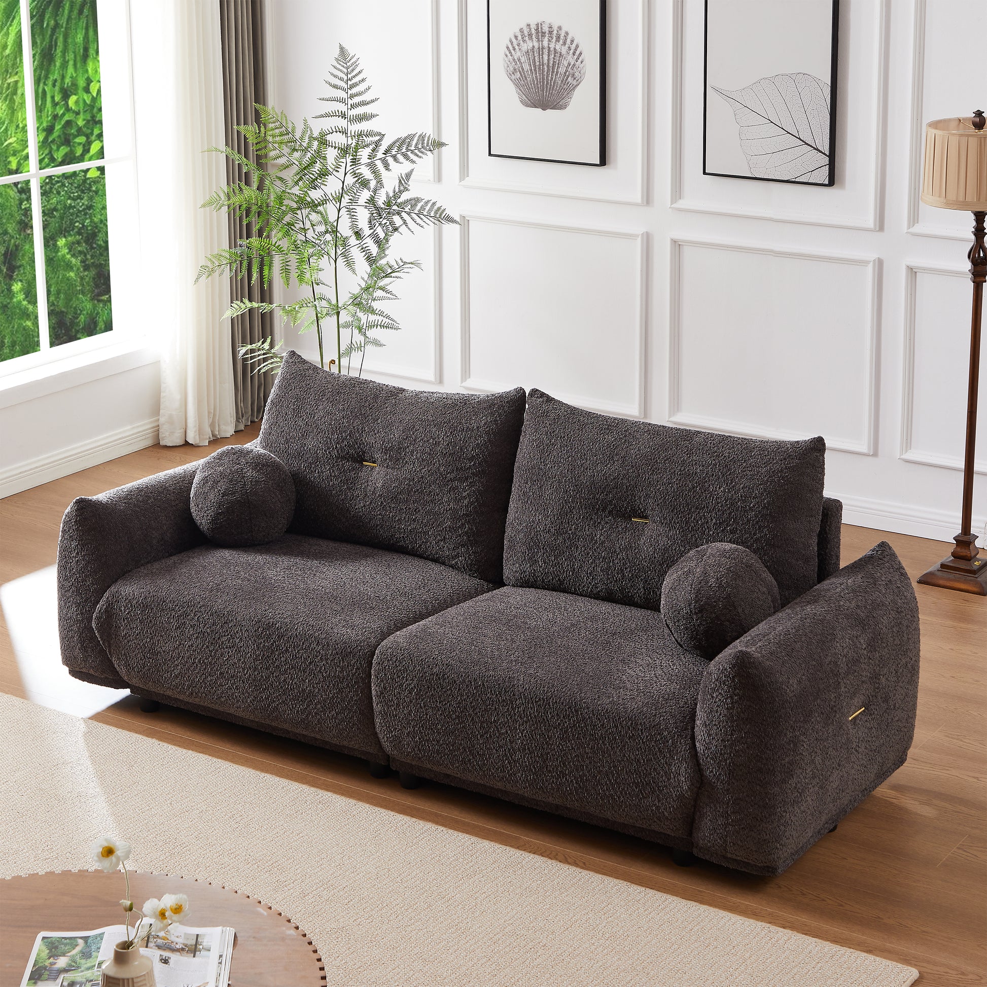 Lamb'S Wool 2 Seater Cushion Sofa 90'' Comfortable Sofa For Living Room Bedroom And Other Casual Spaces Lamb'S Wool Sofa With 2 Cushions And 2 Ball Pillows. Gray Two Sets Gray Foam Fabric 4 Seat