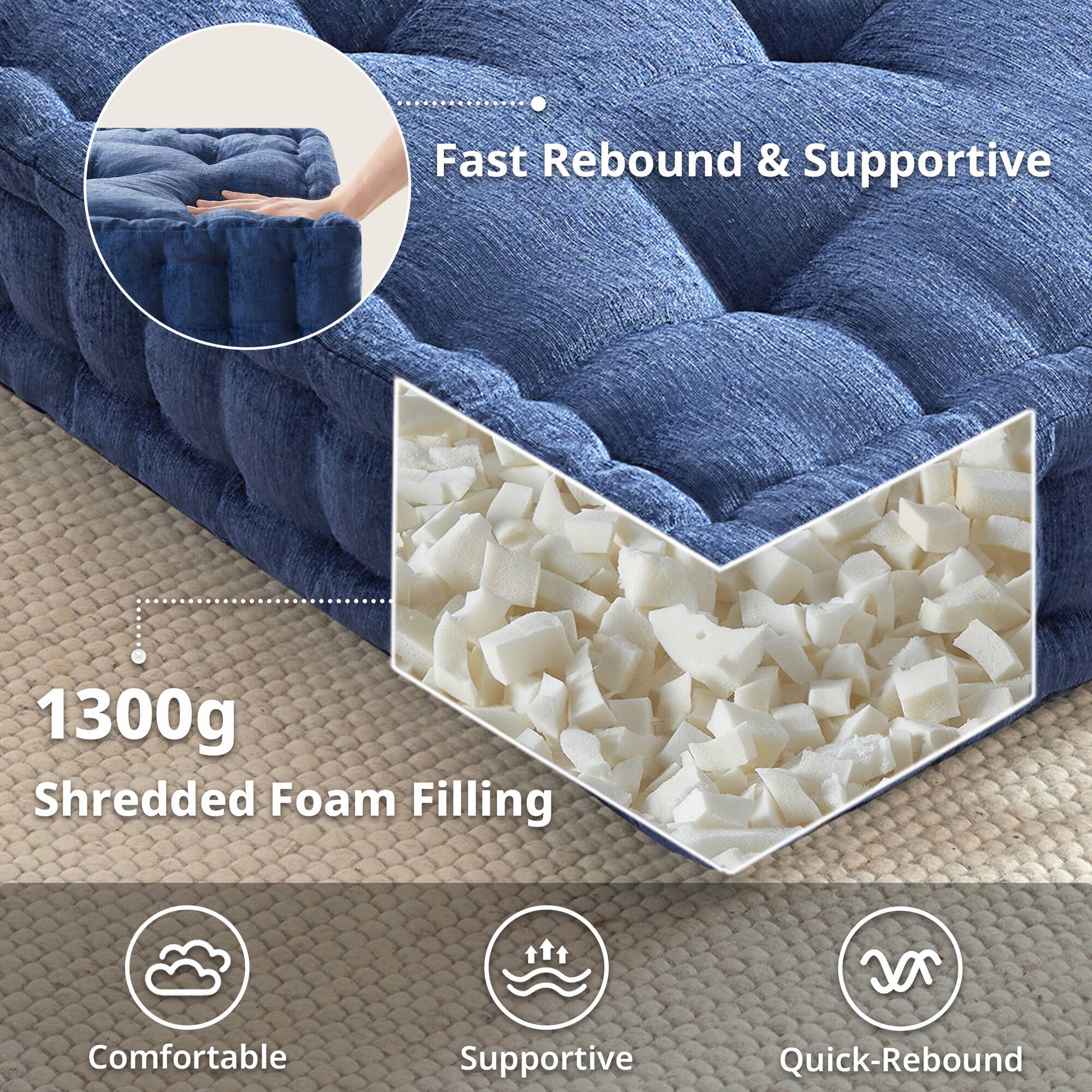 Poly Chenille Square Floor Pillow Cushion 24X24" Navy Blue Polyester