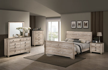 Imerland Contemporary White Wash Finish Bedroom Set With King Sleigh Bed, Dresser, Mirror, Nightstand, Chest Box Spring Required King Walnut Brown Wood Light Brown 5 Piece Set Bedroom Bed Included,Chest Included,Dresser Included,Mirror
