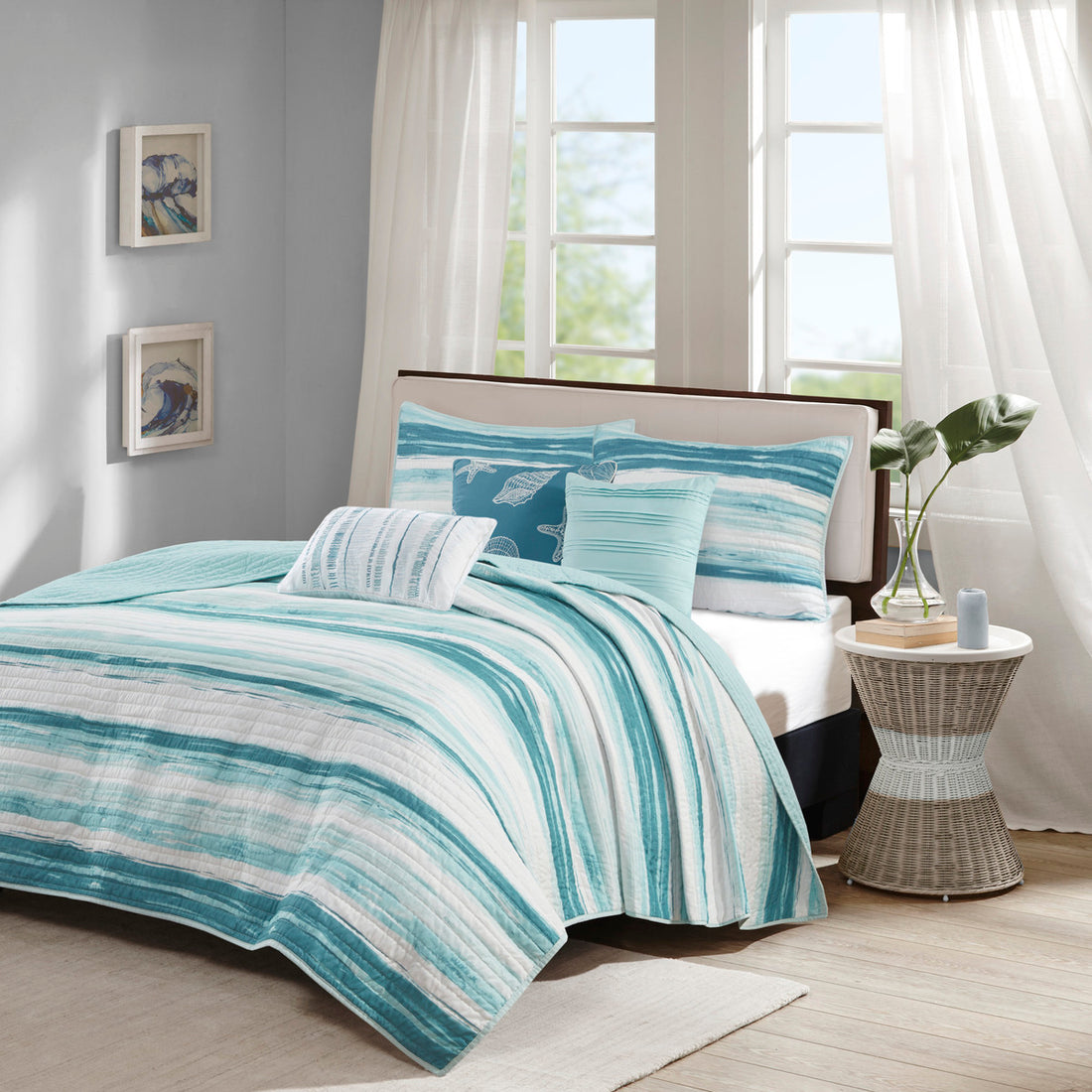 6 Piece Printed Quilt Set With Throw Pillows Aqua Full Queen Full Aqua Cotton