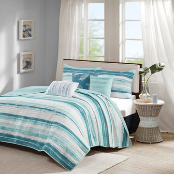 6 Piece Printed Quilt Set With Throw Pillows Aqua Full Queen Full Aqua Cotton