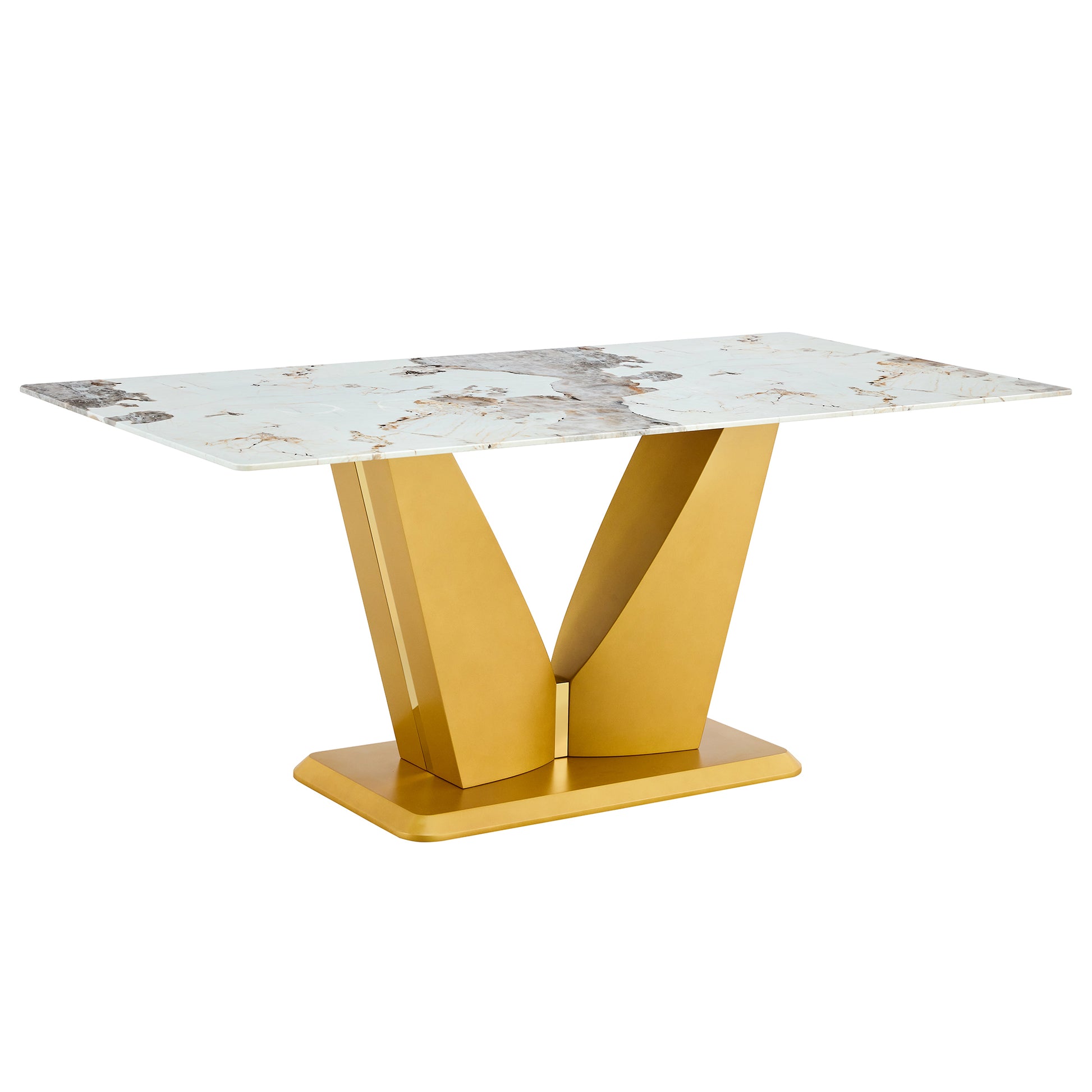 Modern Minimalist Rectangular Dining Table, 0.4 "Thick, Imitation Marble Patterned Glass Tabletop, Gold Mdf Legs. "71" * 35.4" *30" Gold Mdf Glass