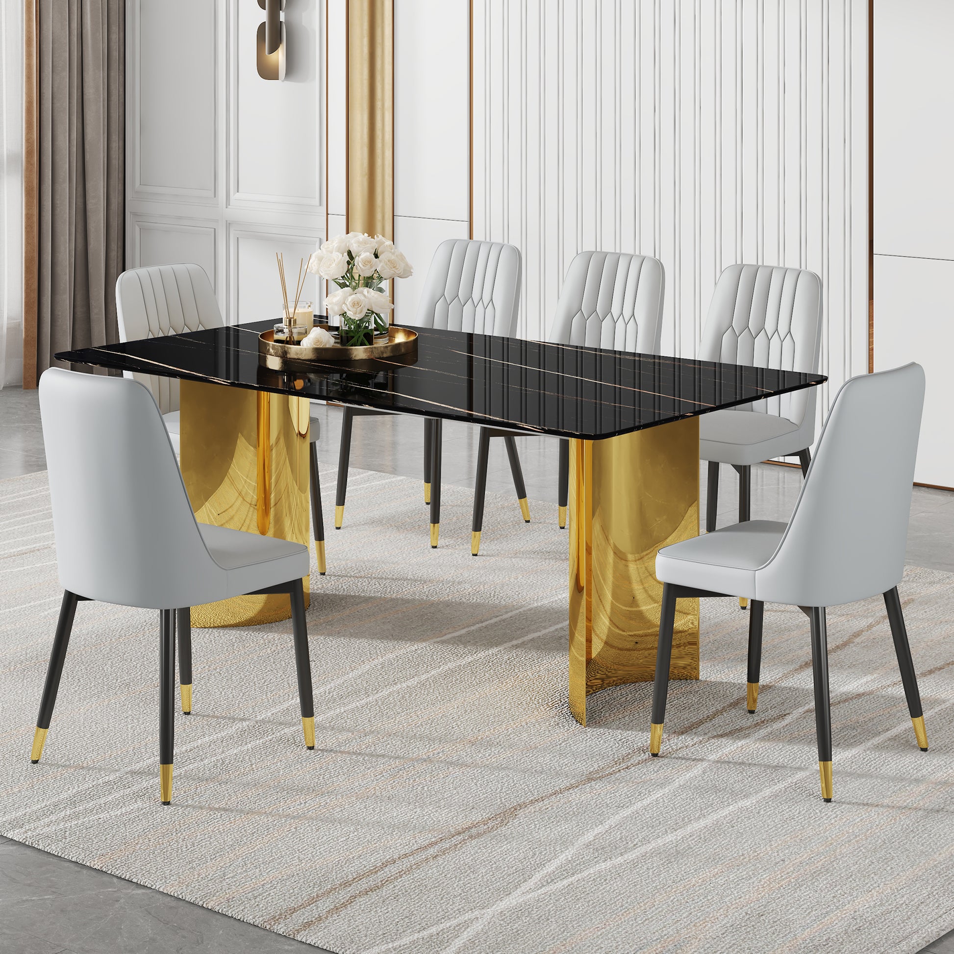 Table And Chair Set.The Table Has A Glass Top With Imitation Marble Pattern Stickers And Stainless Steel Golden Legs. Paried With Chairs With Pu Artificial Leather Backrest Cushions And Black Legs. Black Gold Seats 6 Glass Metal