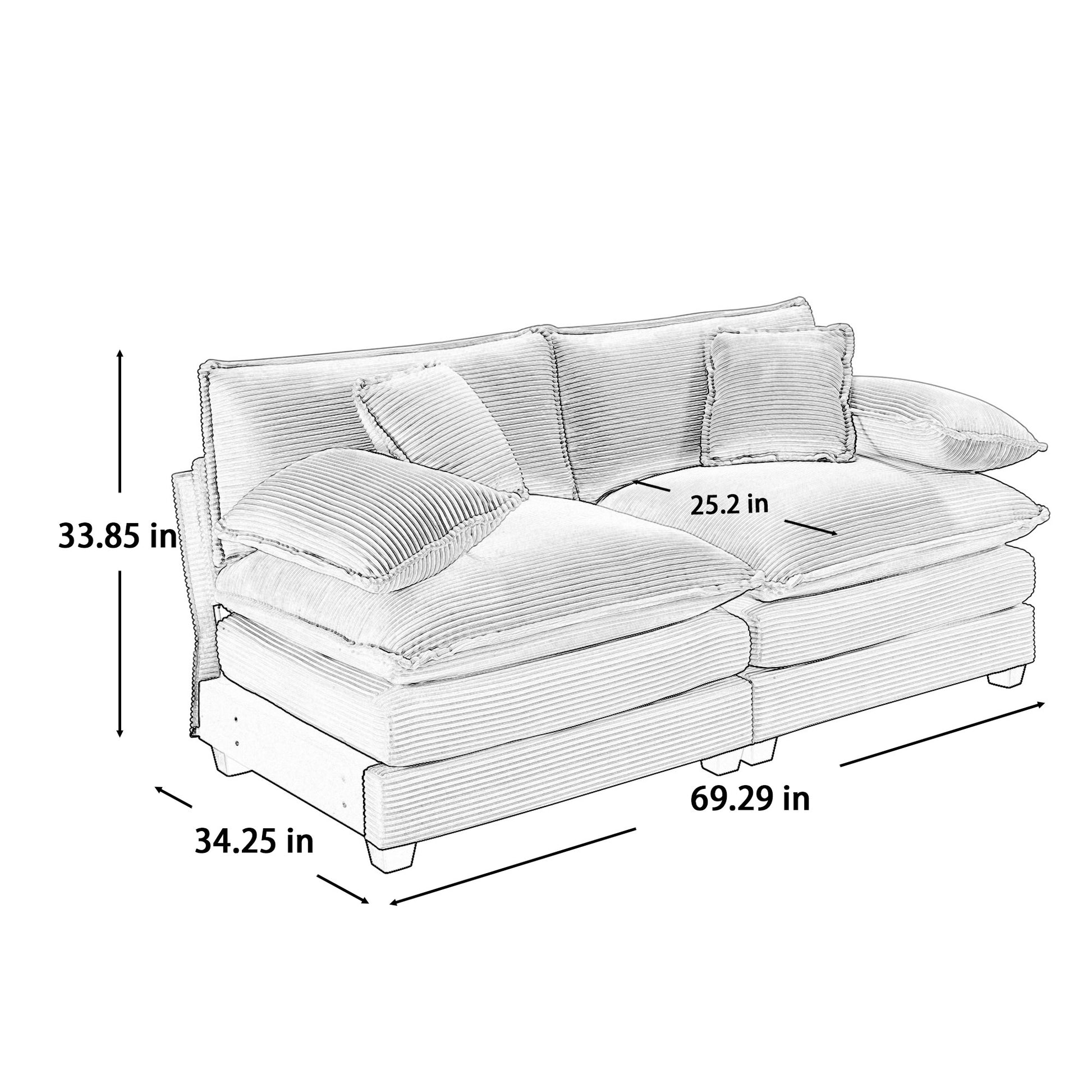Armless Deep Seating 2 Seater Corduroy Sofa, Can Be Combined With Alternative Armrests And Single Armless Sofas ,Tan Corduroy Fabric Tan Corduroy 2 Seat