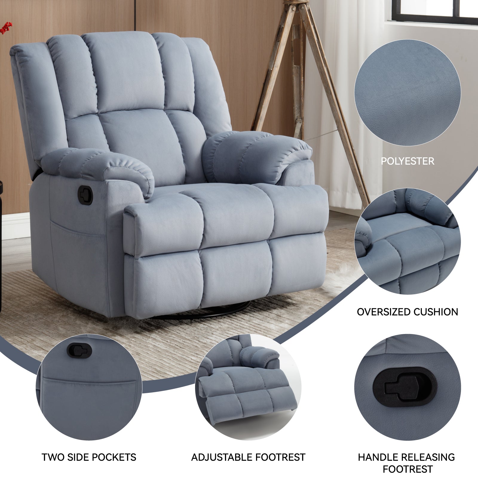 Manual Recliner Chair With Rocker And Swivel In Fabric For Living Room, Blue Blue Polyester Manual Handle Metal Primary Living Space Medium Firm Cushion Back Heavy Duty American Design Pine Pillow
