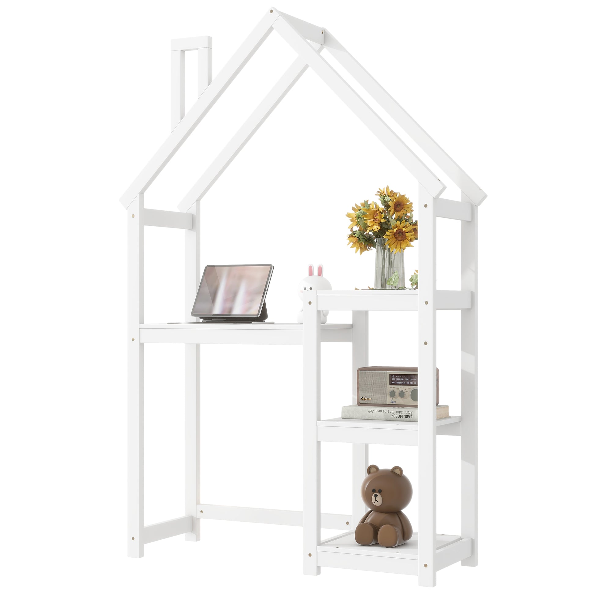 House Shaped Wooden Writing Desk,Kids Study Table,Bookshelf & Toy Storage,White Twin White American Design Pine