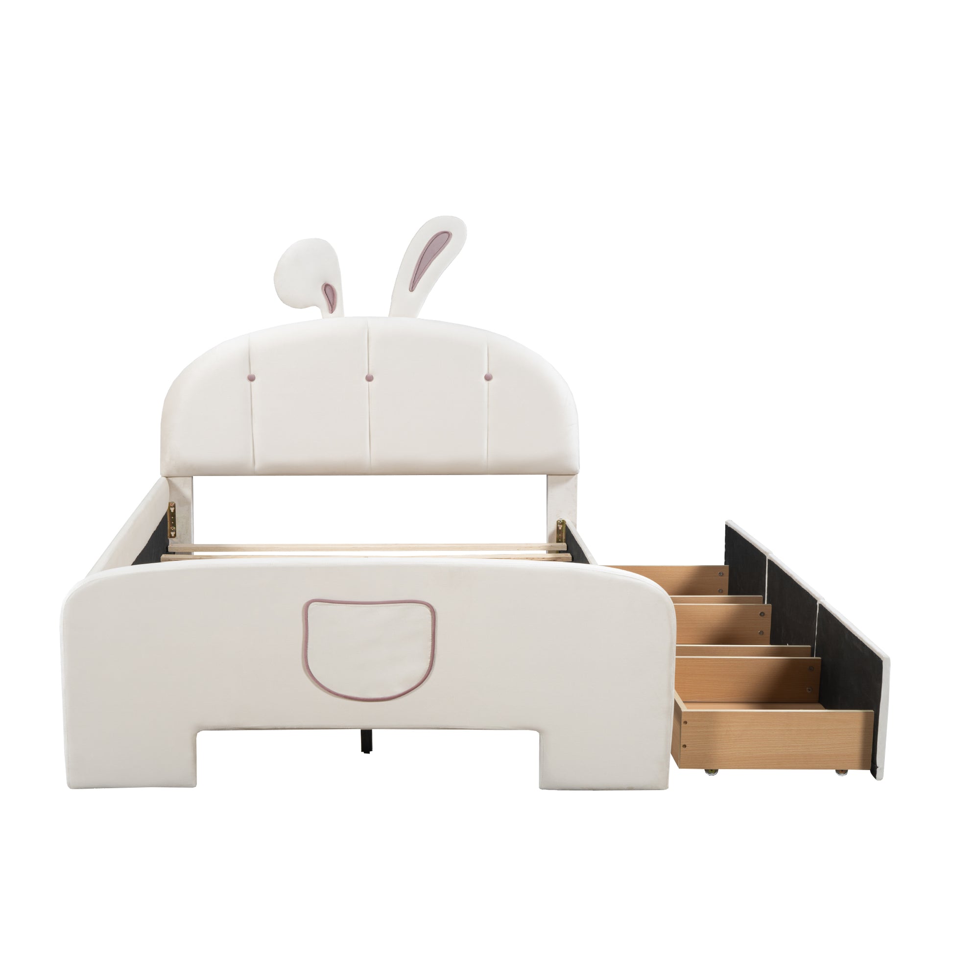 Full Size Velvet Platform Bed With Rabbit Shaped Headboard, With Drawers, With Bed End Storage Pocket, Beige Full Beige Plywood