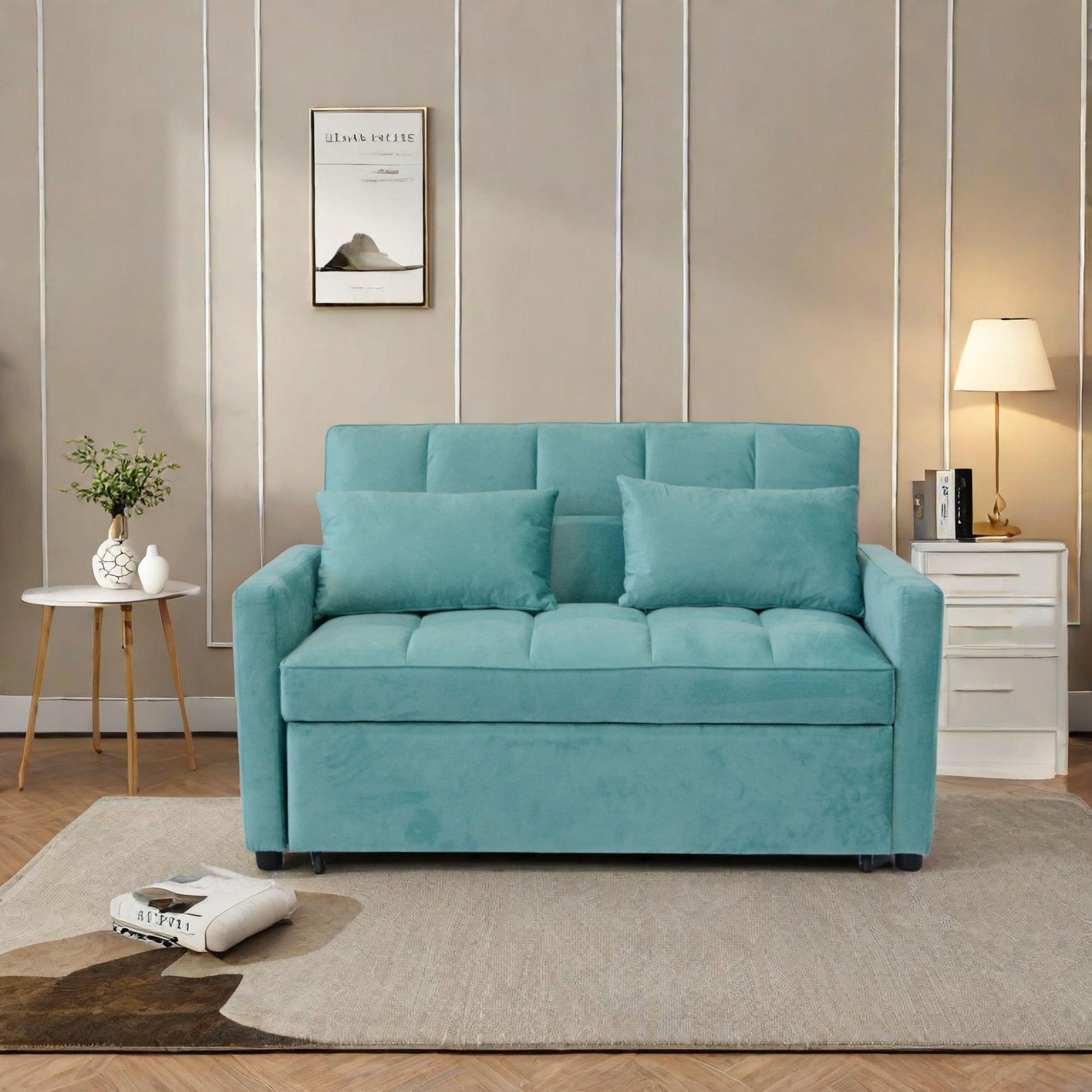 55.2" Velvet Two Seater Pull Out Sofa Bed, Adjustable Backrest With Three Usb Ports, Two Side Pockets, 3 In 1 Convertible Sleeper Sofa Bed, Modern Beautiful Seat Lounge Sofa For Living Room, Peacock Blue Brown Wood Primary Living Space Heavy Duty Pine 2