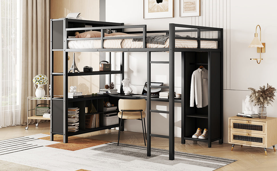 Metal Loft Bed With Wardrobe And L Shaped Desk, Full Size Loft Bed With Storage Cubes And Shelves, Heavy Duty Loft Bed For Kids Teens Adults, Black Pre Sale Date: August 10Th Full Black Metal