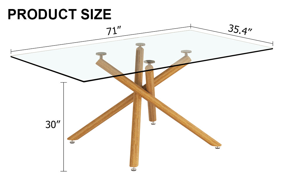 Large Modern Minimalist Rectangular Glass Dining Table For 6 8 With 0.39" Tempered Glass Tabletop And Wood Color Metal Legs, For Kitchen Dining Living Meeting Room Banquet Hall Transparent Glass