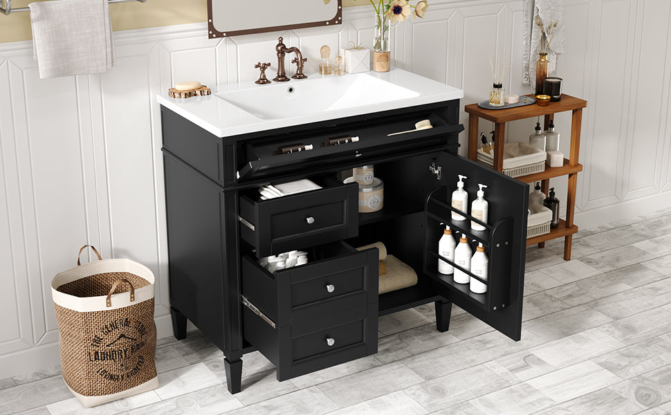 36'' Bathroom Vanity With Top Sink, Modern Bathroom Storage Cabinet With 2 Drawers And A Tip Out Drawer, Single Sink Bathroom Vanity Black Bathroom Solid Wood Mdf
