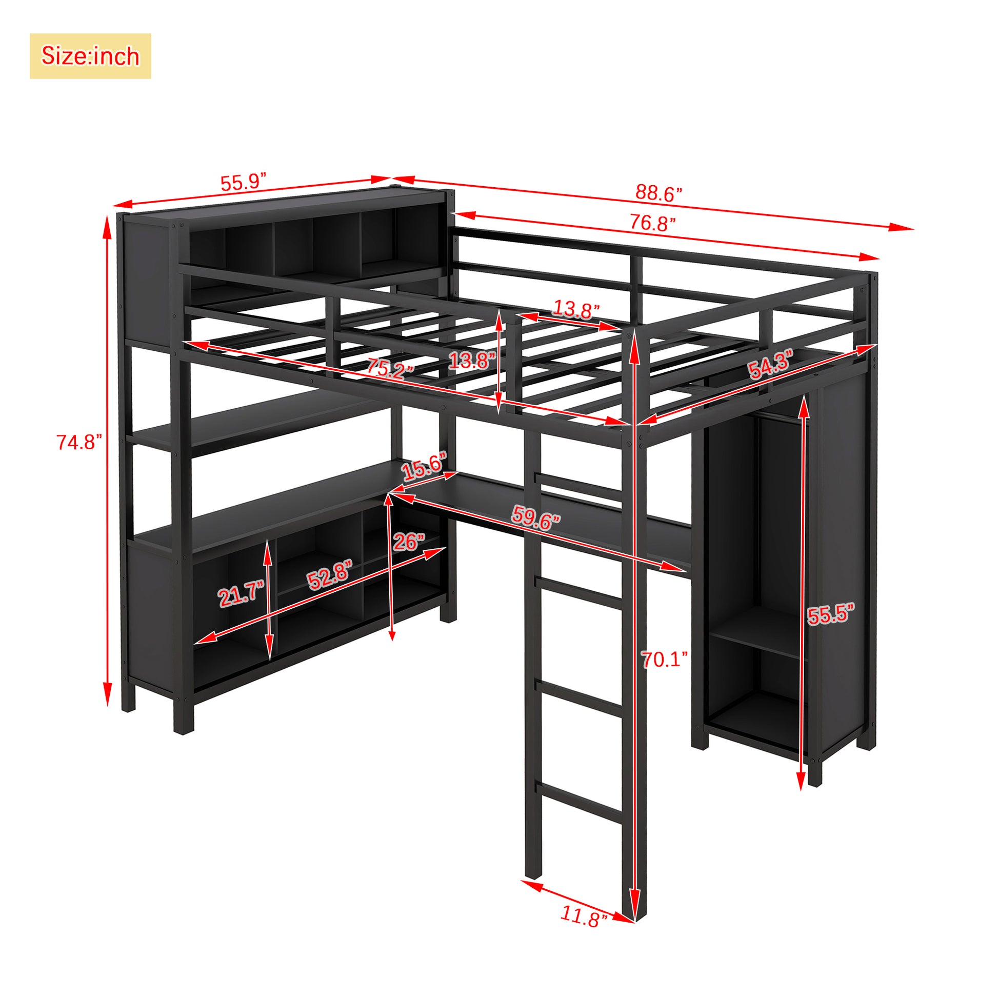 Metal Loft Bed With Wardrobe And L Shaped Desk, Full Size Loft Bed With Storage Cubes And Shelves, Heavy Duty Loft Bed For Kids Teens Adults, Black Pre Sale Date: August 10Th Full Black Metal