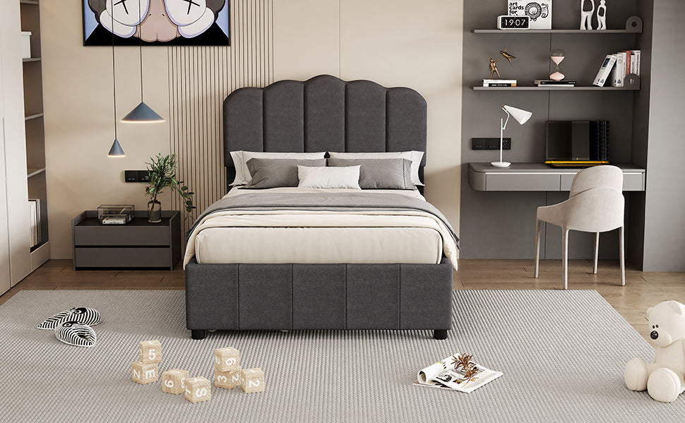 Twin Size Upholstered Bed With 2 Storage Drawers,Wood Slat Support, Gray Twin Gray Upholstered