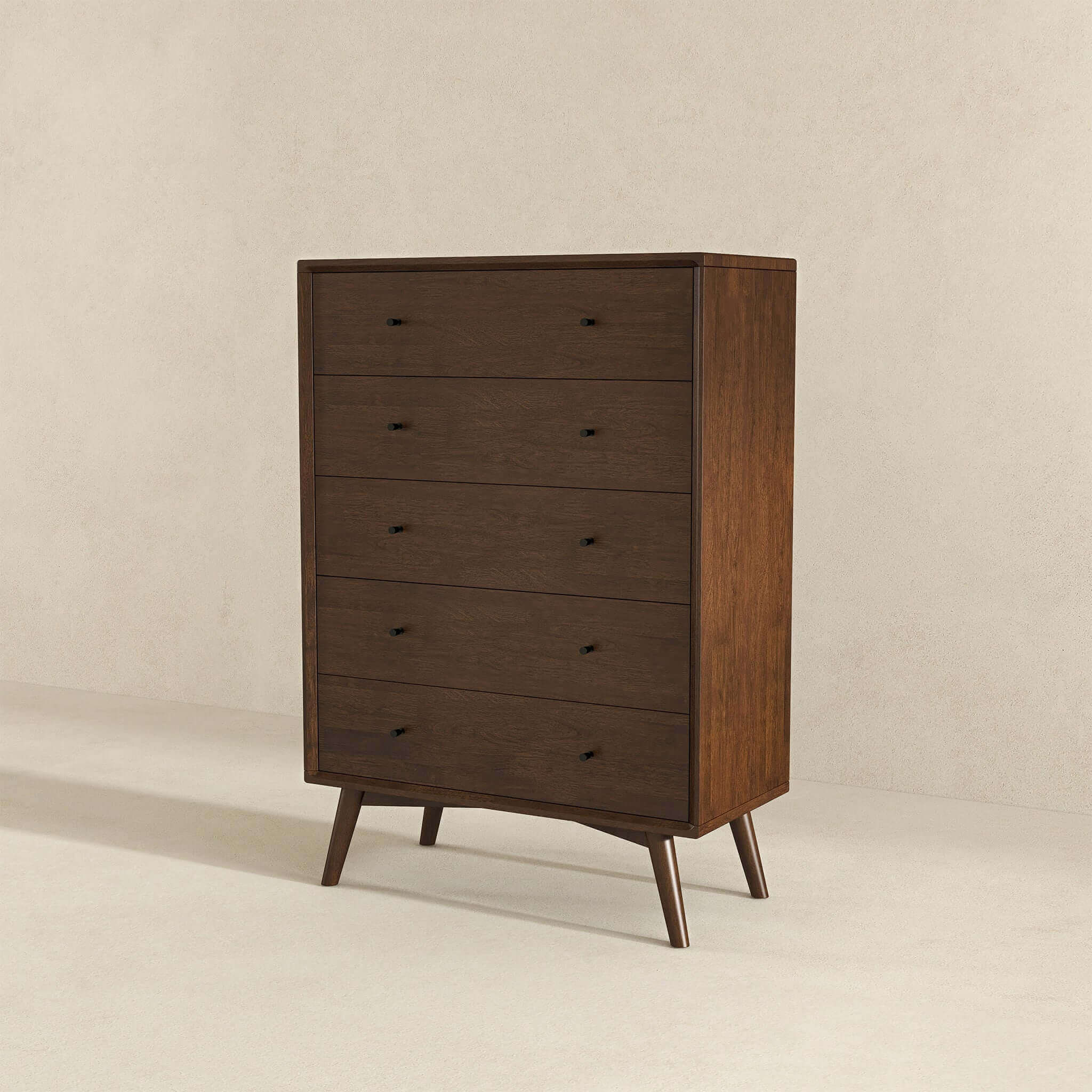 Caroline Mid Century Modern Solid Wood Dresser 5 Drawer Dark Brown Brown Bedroom Mid Century Modern Solid Wood