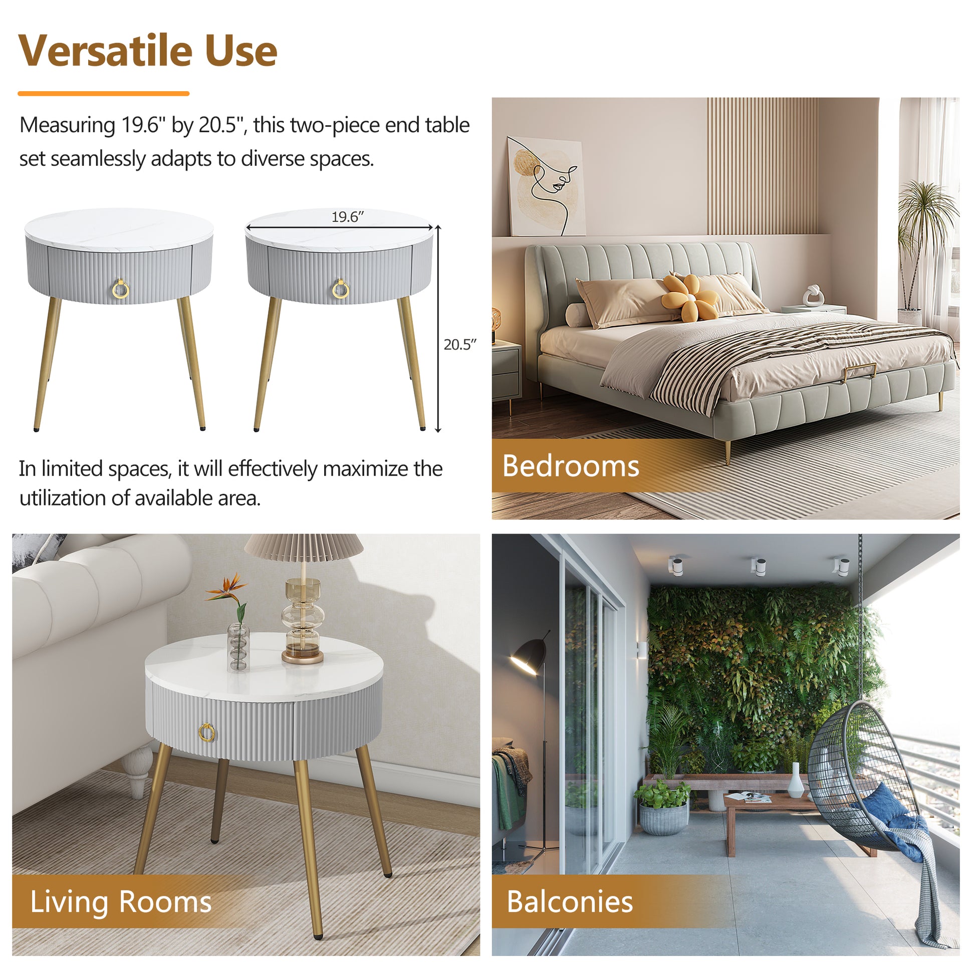 19.6'' Easy Assembly End Tables With High Gloss Faux Marble Tabletops, Set Of 2, Modern Fluted 2 Side Tables With Drawers, Round Coffee Tables With Golden Legs For Living Room, Grey Grey Gold Primary Living Space Drawers Round Mdf Iron