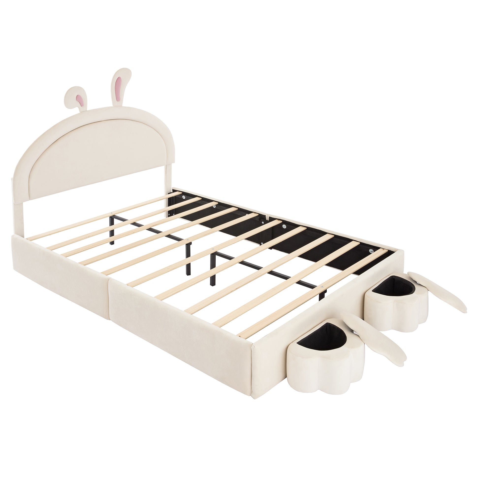 Full Size Upholstered Rabbit Shape Bed With 2 Storage Stools, Velvet Platform Bed With Cartoon Ears Shaped Headboard, White Full White Wood