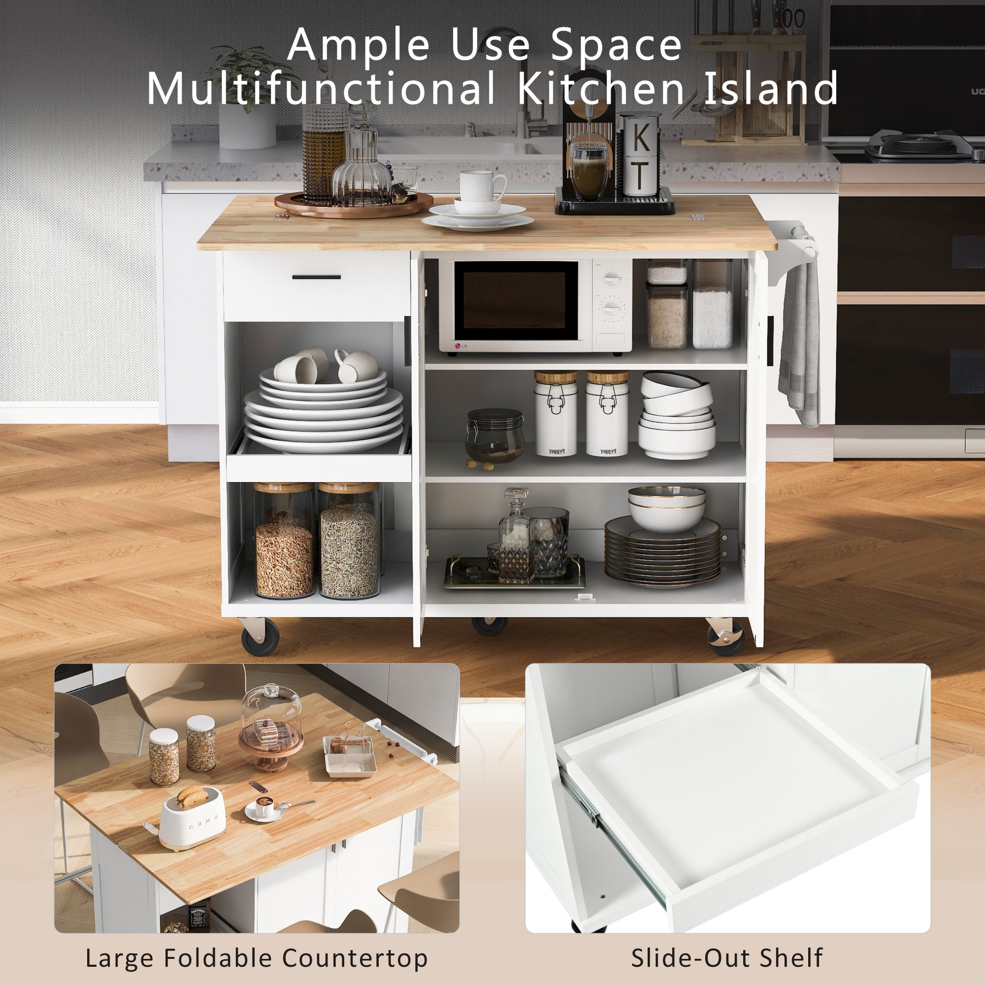 K&K Kitchen Island With Foldable Counter Top, Kitchen Storage Cart With Slide Out Shelf, Towel Rack And Drawer, Rolling Kitchen Cart On Wheels, For Kitchen, Living Room, Dining Room, White White Brown Kitchen Classic,Farmhouse,Luxury,Modern Rectangular