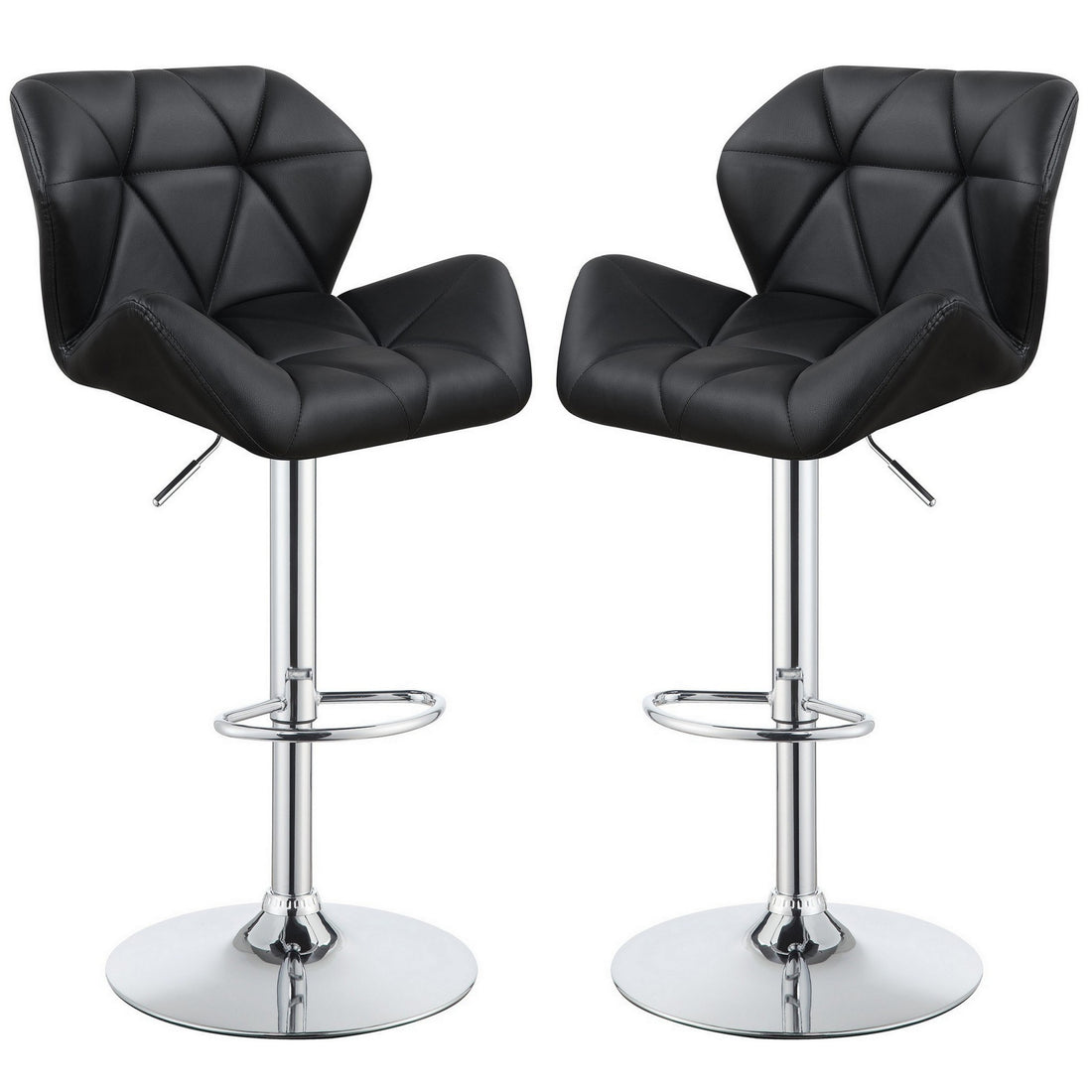 Adjustable Diamond Bar Stool With Chrome Base, Black ,Set Of 2 Black Silver Fabric Metal