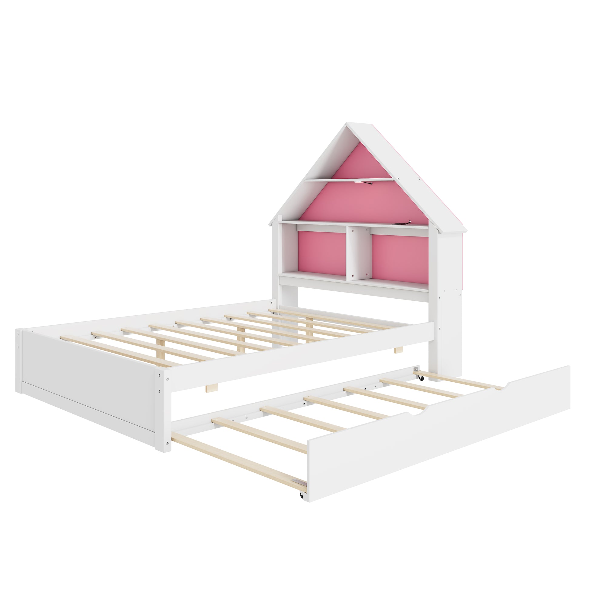 Full Size House Shaped Bed With Bookcase Headboard And Led Light And Twin Size Trundle For Kids Boys Girls, Pink White Box Spring Not Required Full White Pink Wood Bedroom Cute Bed Frame Wood