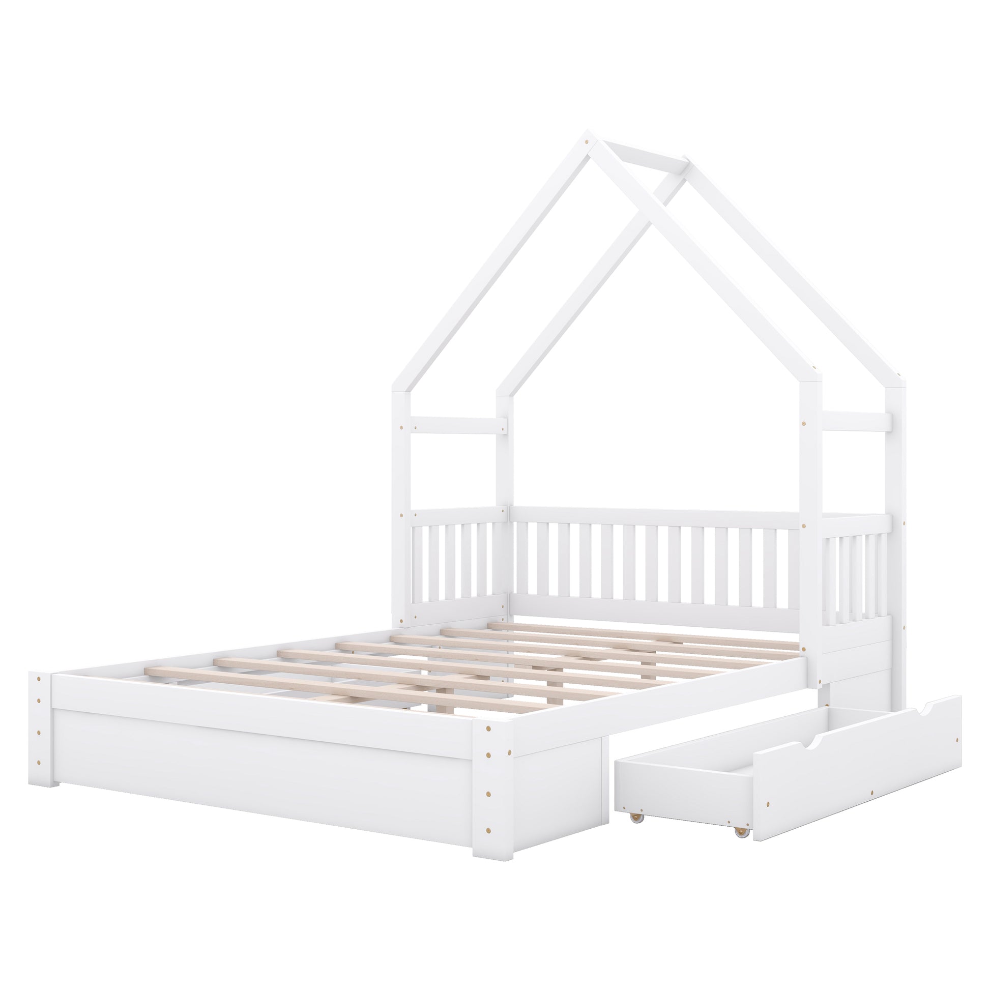 Wood Queen Size House Platform Bed With Guardrail And 2 Drawers, White Box Spring Not Required Queen White Wood Bedroom Bed Frame Solid Wood Mdf