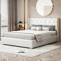 Queen Size Upholstered Platform Bed With Metal Strips, Off White Queen Off White Pu