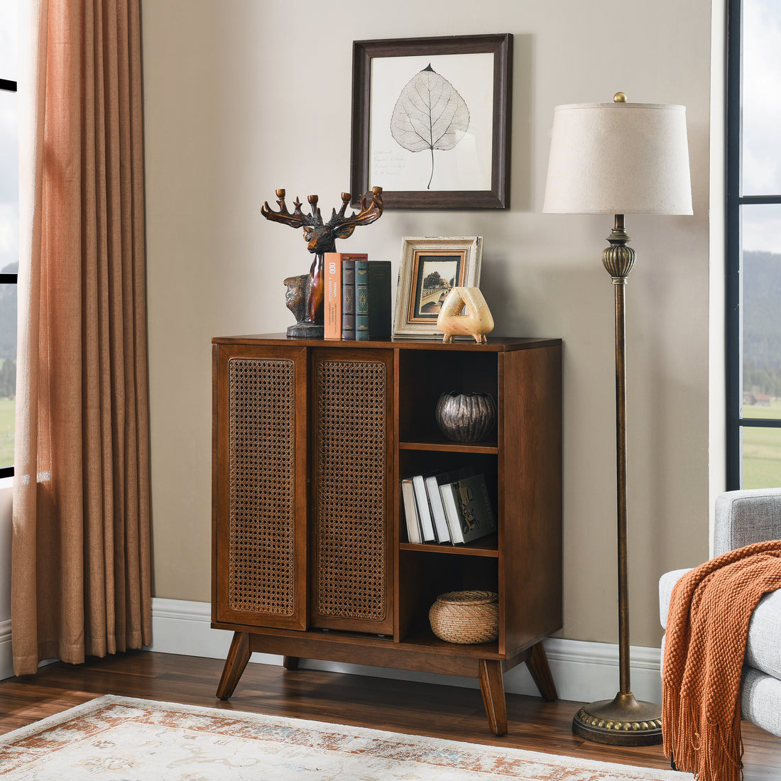 Mid Century Modern Rattan Sideboard Cabinet, Buffet Cabinet For Entryway Hallway Living Room Kitchen Dining Room Bedroom, Adjustable Shelf & Solid Wood Feet & Rattan Cabinet Doors Dark Wood Walnut