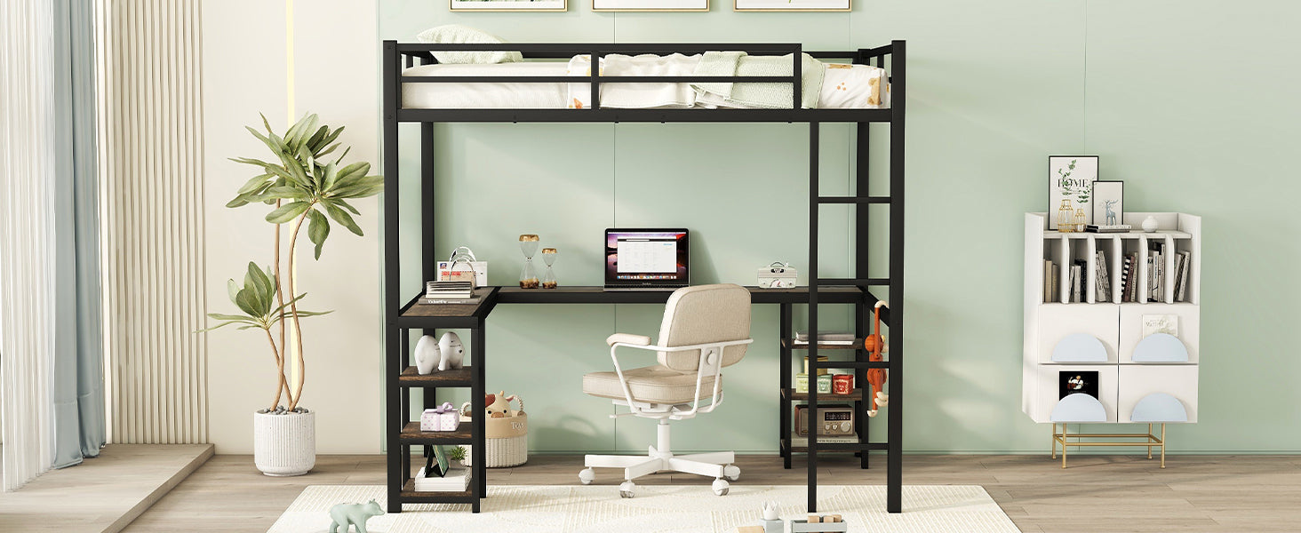 Full Metal Loft Bed With Desk And Shelves, Loft Bed With Ladder And Guardrails, Loft Bed Frame For Bedroom, Black Old Sku: W1307S00018 Full Black Metal