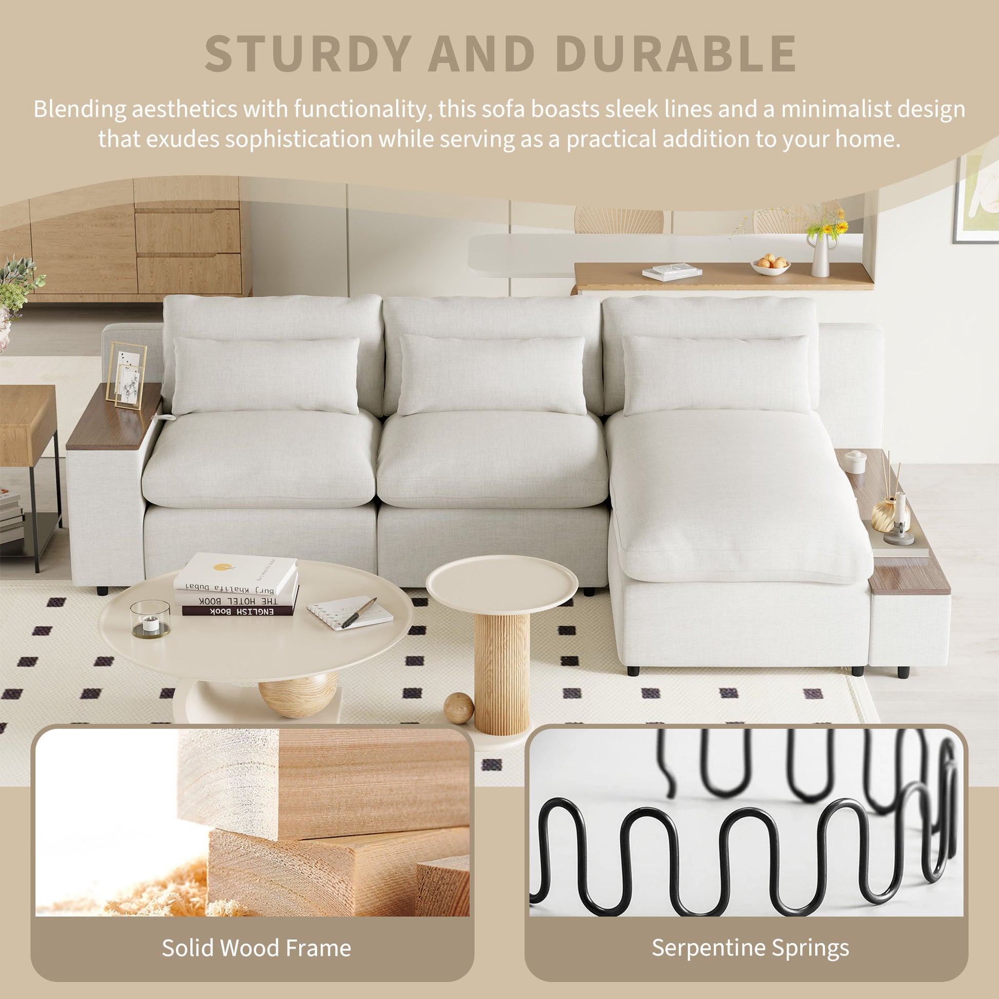 L Shaped Modular Sectional Sofa With Removable Back Cushions,3 Pillows And 2 Storage Spaces,Suitable For Living Rooms,Offices And Apartments Beige Polyester 3 Seat